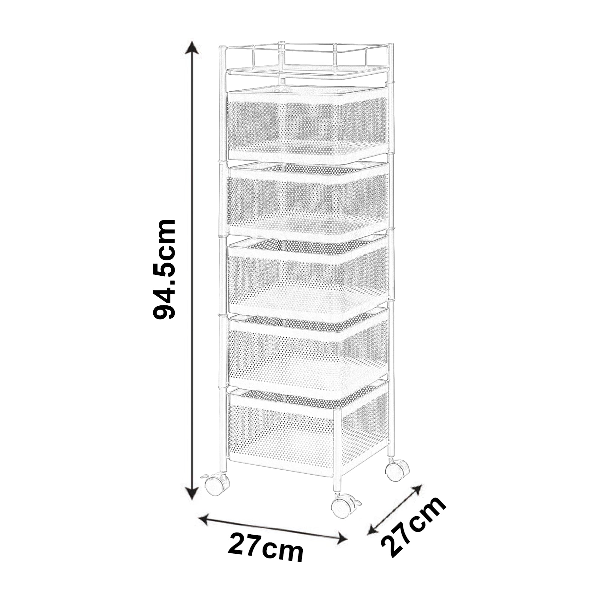 [en.casa] Carro de Servicio con 5 Cestas Rectangulares Verdulero con Paredes Perforadas y 4 Cestas Superiores Giratorias Carrito de Cocina Baño con 4 Ruedas Acero 95x27x27 cm - Blanco