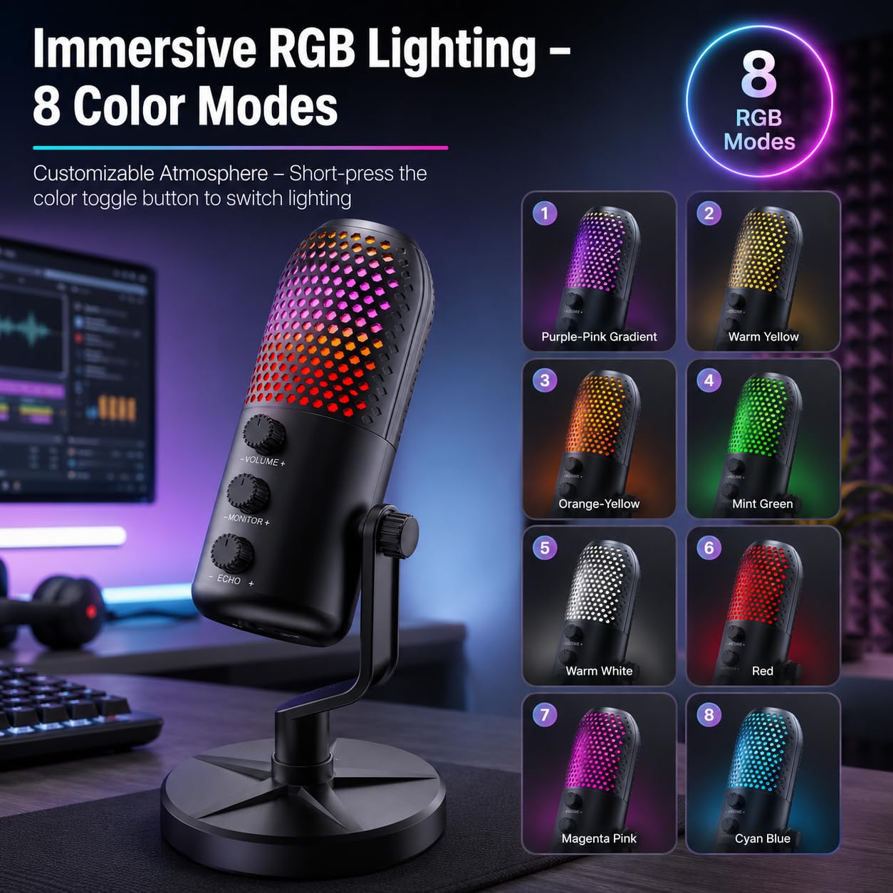 SINWE Micrófono para juegos con cancelación de ruido y control de ganancia, micrófono USB para PC, para streaming, juegos, podcasts, PC, PS4, incluye silencio rápido e iluminación RGB