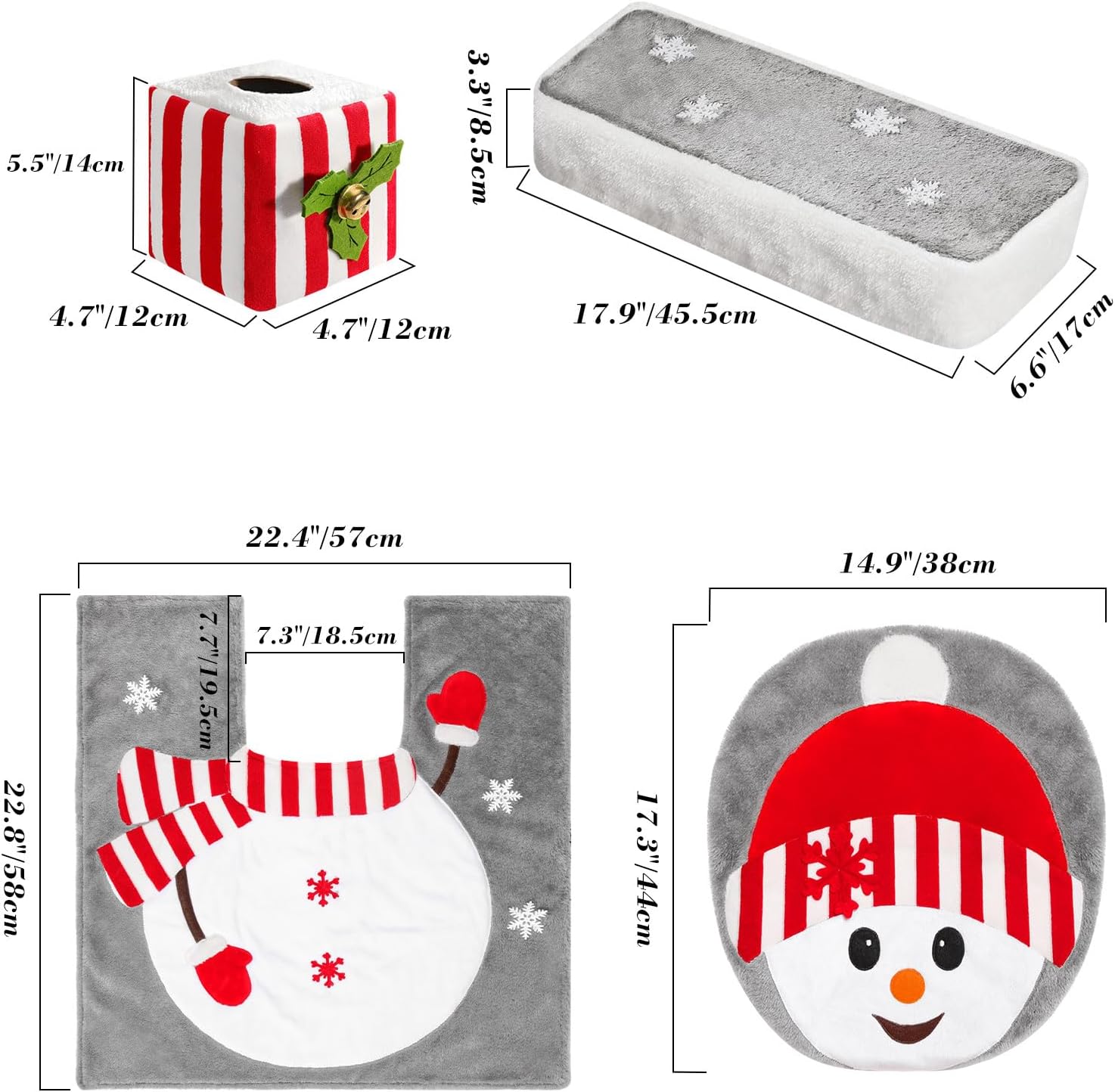 Luxspire Christmas Toilet Seat Cover and Rug Set of 4, Christmas Bathroom Decoration Set, Snowman Toilet Lid Cover, Toilet Rug, Toilet Tank Lid Cover, Tissue Box Cover, Home Decor