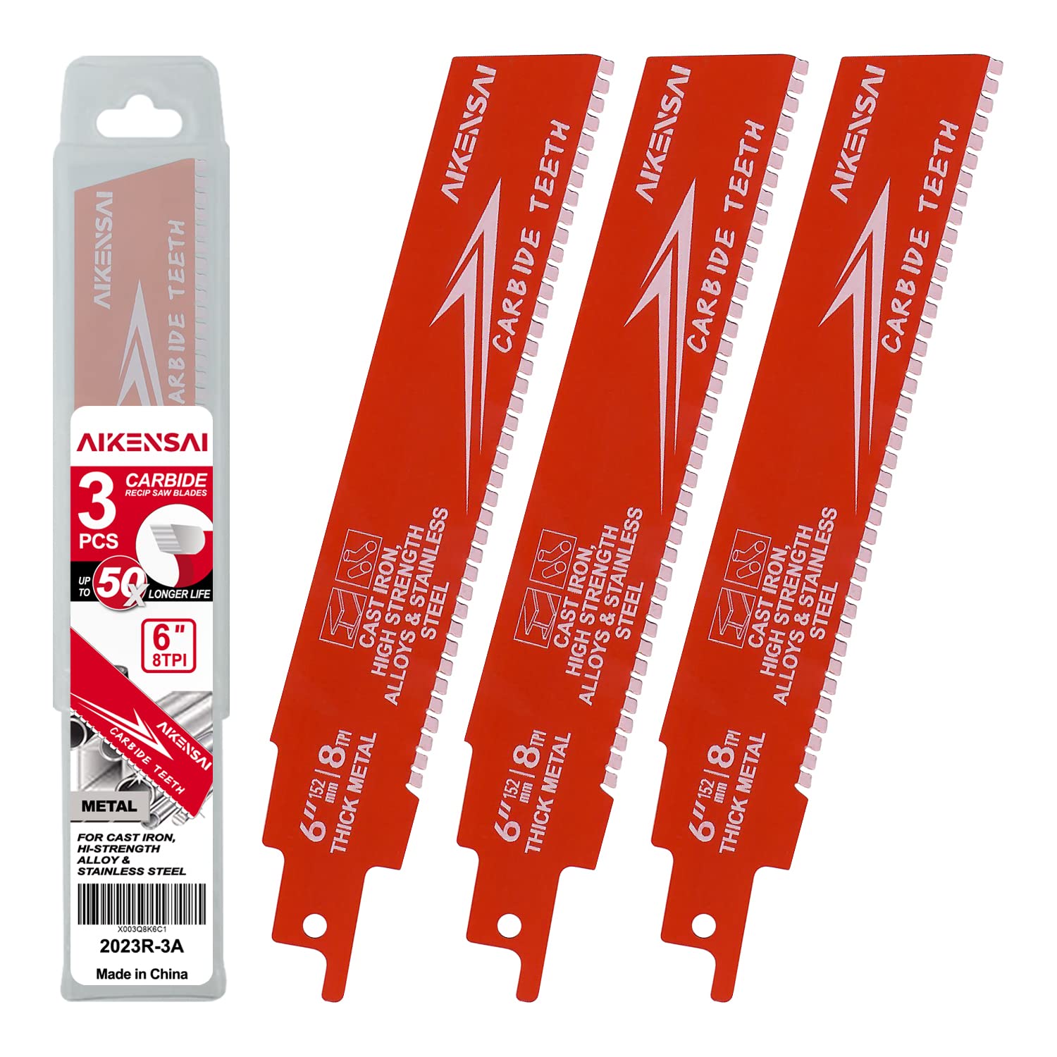 AIKENSAI 3-Pack 6 Inch 8TPI Carbide Sawzall Blades for Thick Metal Carbide Reciprocating Saw Blades for Cast Iron and Alloy Steel Compatible with