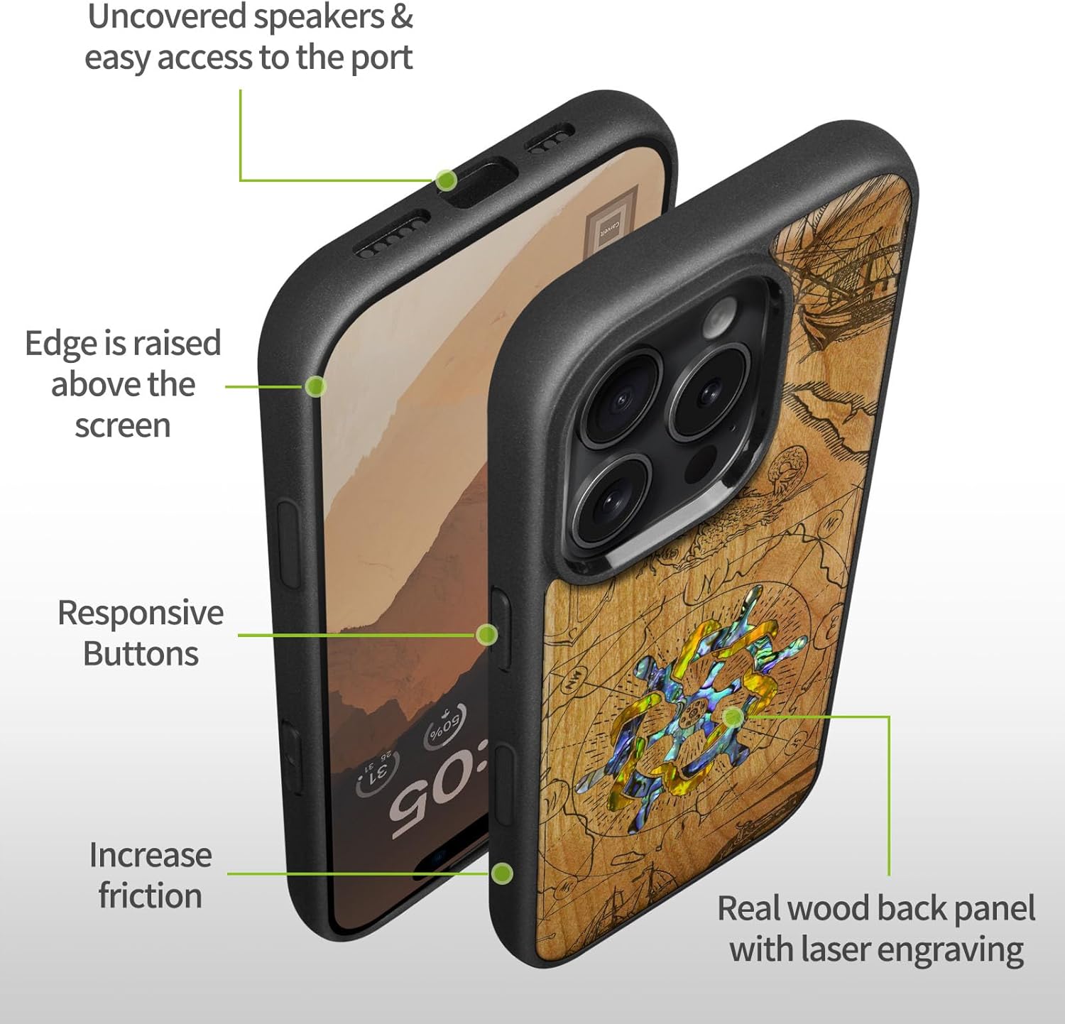 Carveit Magnetic Case for iPhone 16 Pro Case, Wood Artisan Engraved & Handmade Shell Inlaid, TPU Shockproof Cover, Compatible with MagSafe Wireless Chargers (Vintage Wooden Wheel) Cherry