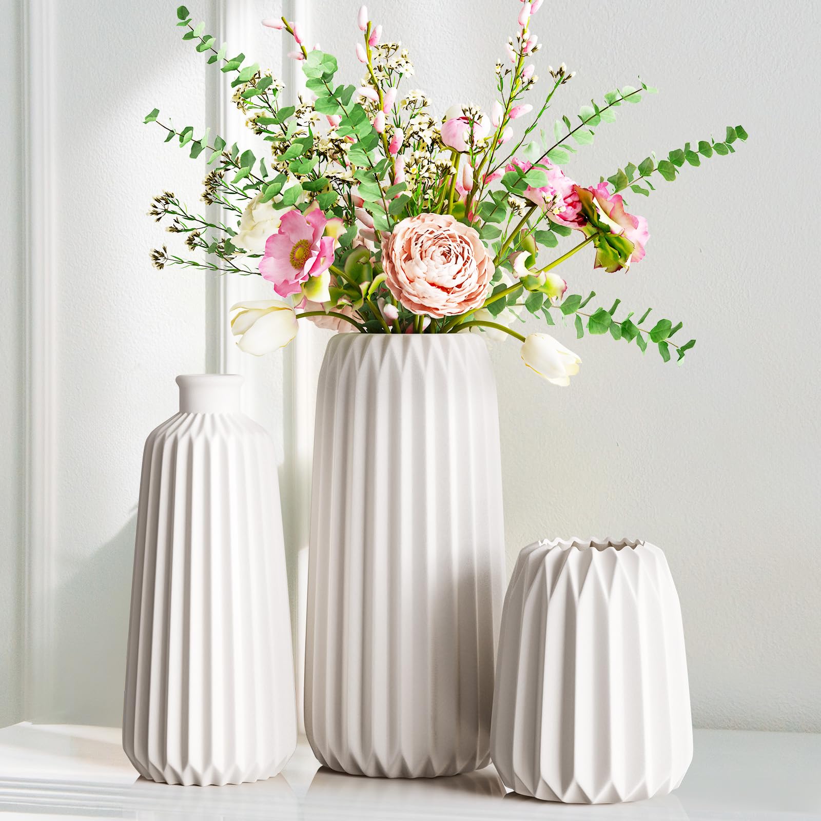 Ezvsevuo Blanco Jarrón de Cerámica, Florero Juego de 3 Jarrones Decoración Moderna del Hogar, Jarrones para Flores Frescas y Secas para Sala de Estar, Boda, Mesa de Cena
