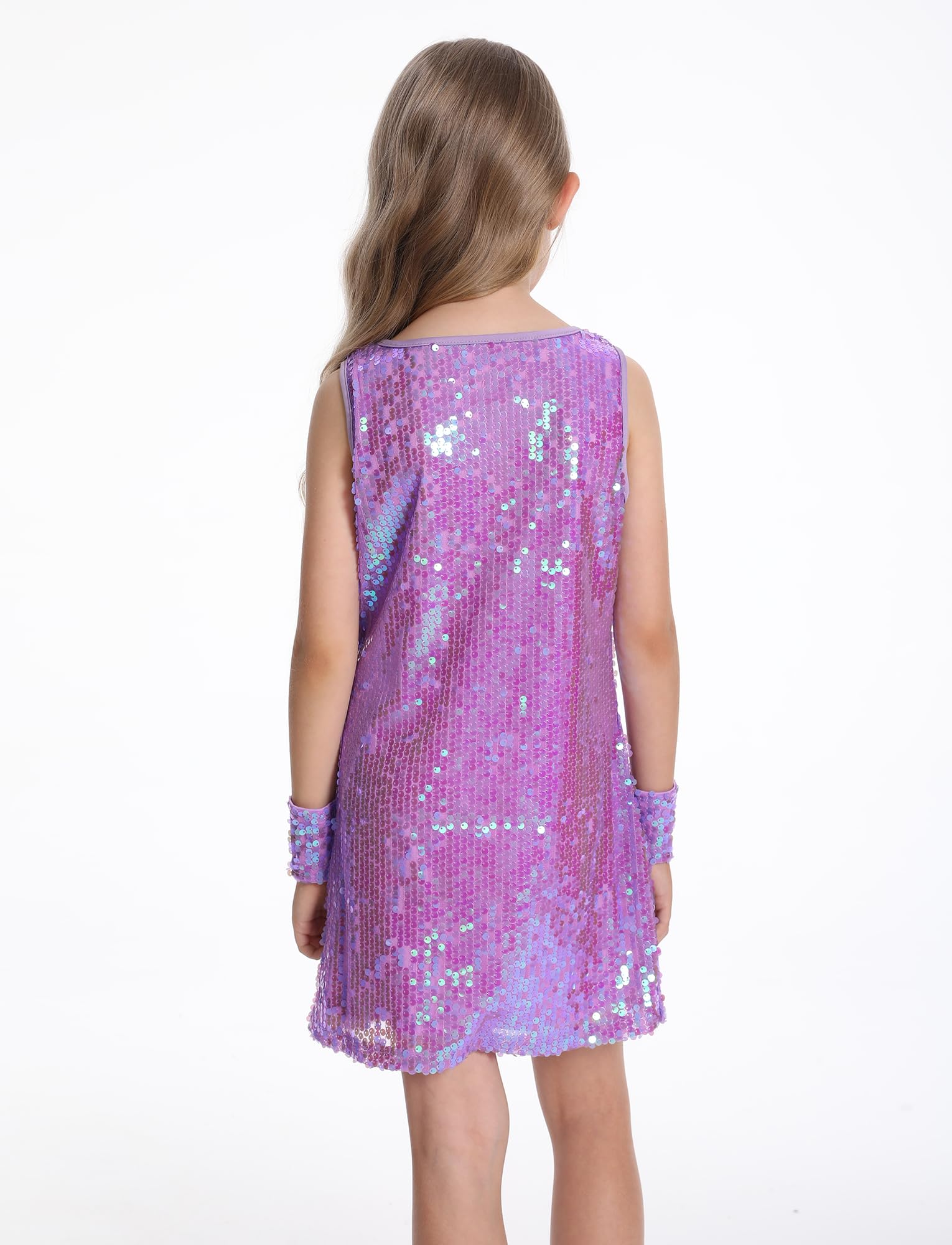 FEOYA Girls 70S Disco Prom Sleeveless Dress with Bracelets and Microphone Prop Cheerleader Sparkly Dress 1920S Stage Performance Party Outfit Holiday Cocktail Sequin Dresses Purple 12-13 Years - Image 2