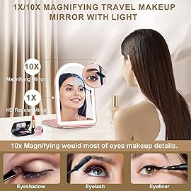 Mocado Travel Makeup Mirror with Light, 1x/10x Magnifying Mirror with Light, 3 Colors Lighted Magnifying Mirror, 2000mAh Rechargeable Lighted Makeup Mirror, Memory Function (Arched-Rose Gold)