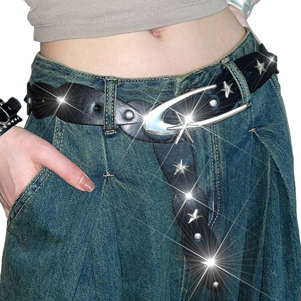 Photo 1 of BODIY Star Studded Leather Belt Black Fashion Leather Belt Adjustable Belts Y2K Leather Accessories for Women (Black)
