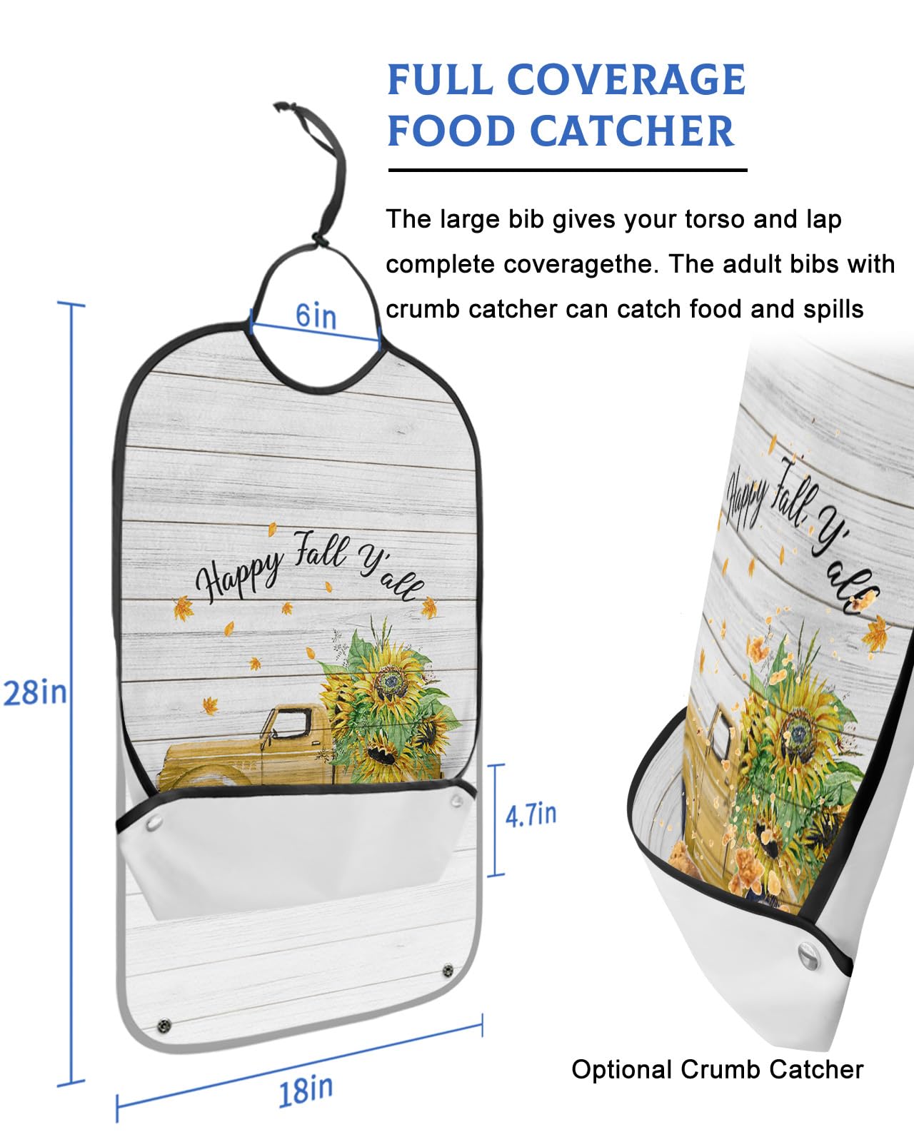 Sunflower Truck Adult Bibs for Eating, Waterproof Bibs with Food Catcher & Adjustable Snap Closure, Yellow Fall Floral Maple Leaf Rustic Washable Clothing Protectors Adult Bibs for Elderly Women/Men