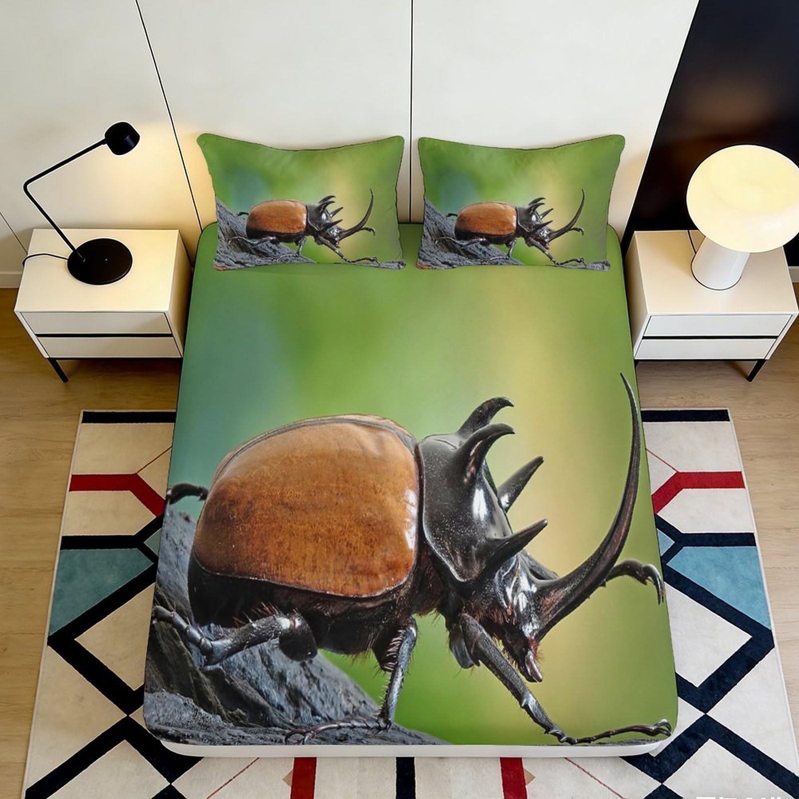 3D Printed Rhinoceros Beetle Fitted Sheet Microfiber Soft Anti-Slip Green Forest Mattress Cover for Bedroom Dorm Decor 120x200x25cm