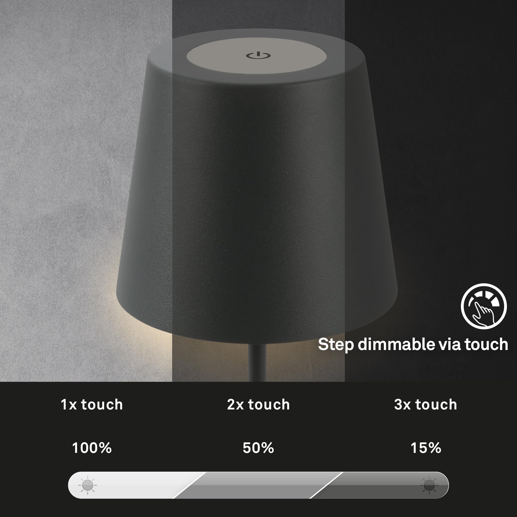 BRILONER - Lámpara LED de sobremesa inalámbrica con luz táctil, regulable en pasos, regulable en altura, lámpara mesilla de noche, lectura, camping, recargable, exterior, 36x10,5 cm, antracita