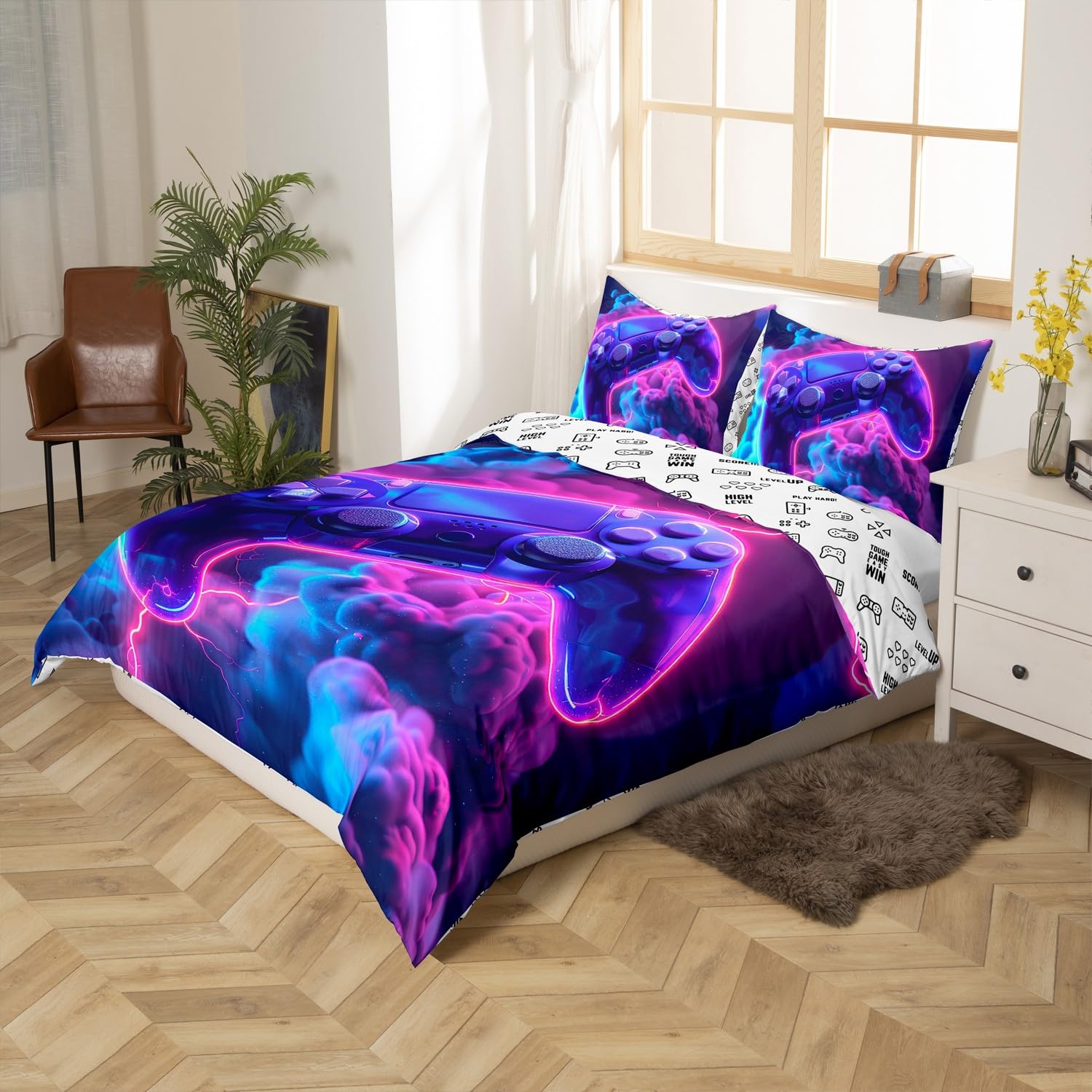 Loussiesd Gamer Duvet Cover Gaming Bedding Set for Kids Boys Girls Room Decor Game Room Decor Gamepad Game Flash Cloud Comforter Cover Set Single Size Gradient Purple 2Pcs Zipper - Image 3