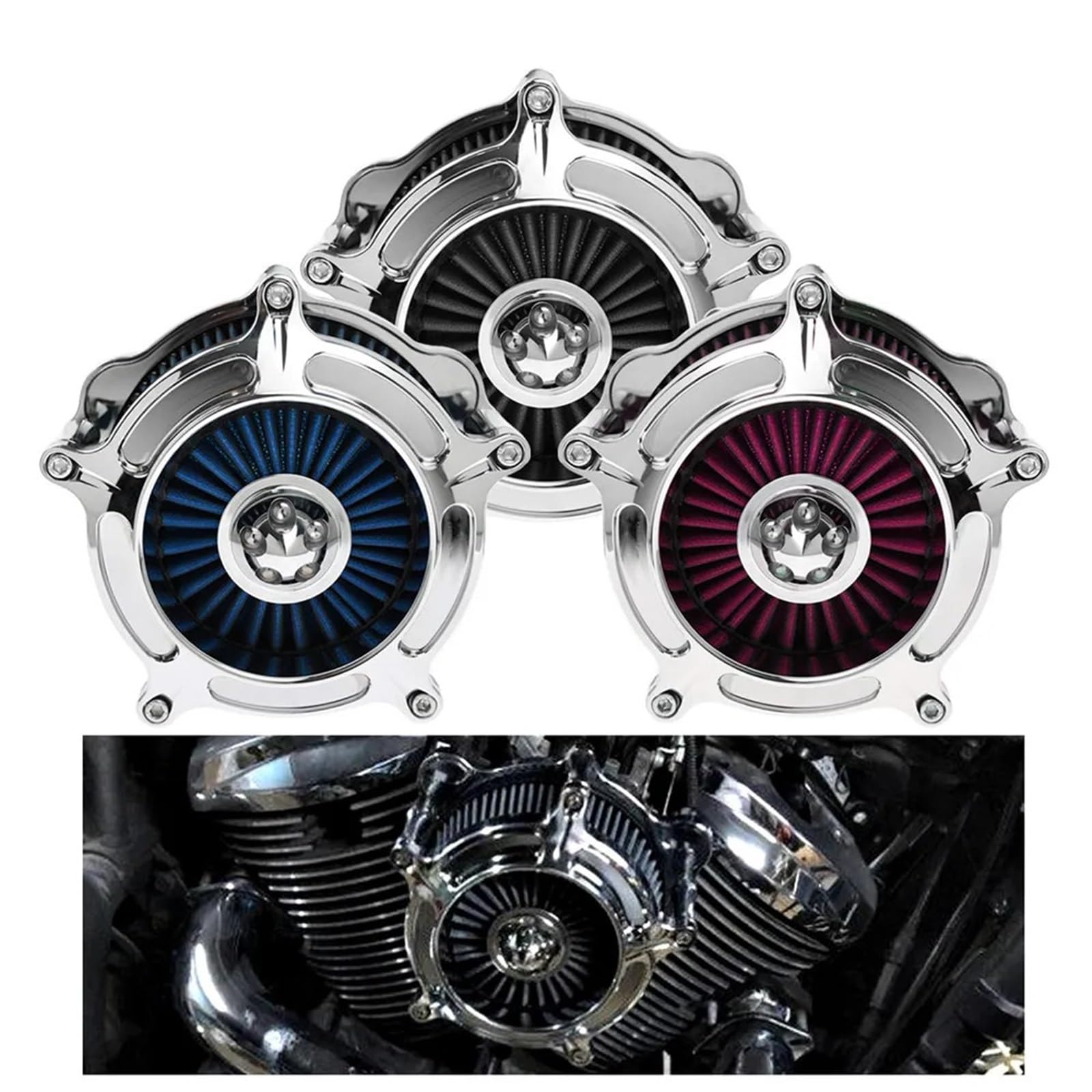 Kompatybilność z Pit Bike crossowym‌ Filtr powietrza wlotowego motocykla chromowany Element zamienny pasuje do Harley Softail Dyna Sportster Touring Glide(Blue d)