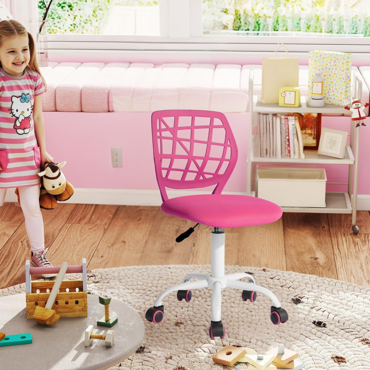 FurnitureR Sedia da scrivania per bambini, regolabile in altezza, girevole, con schienale con piccolo foro, adatta per camera dei bambini o sala studio, rosa I