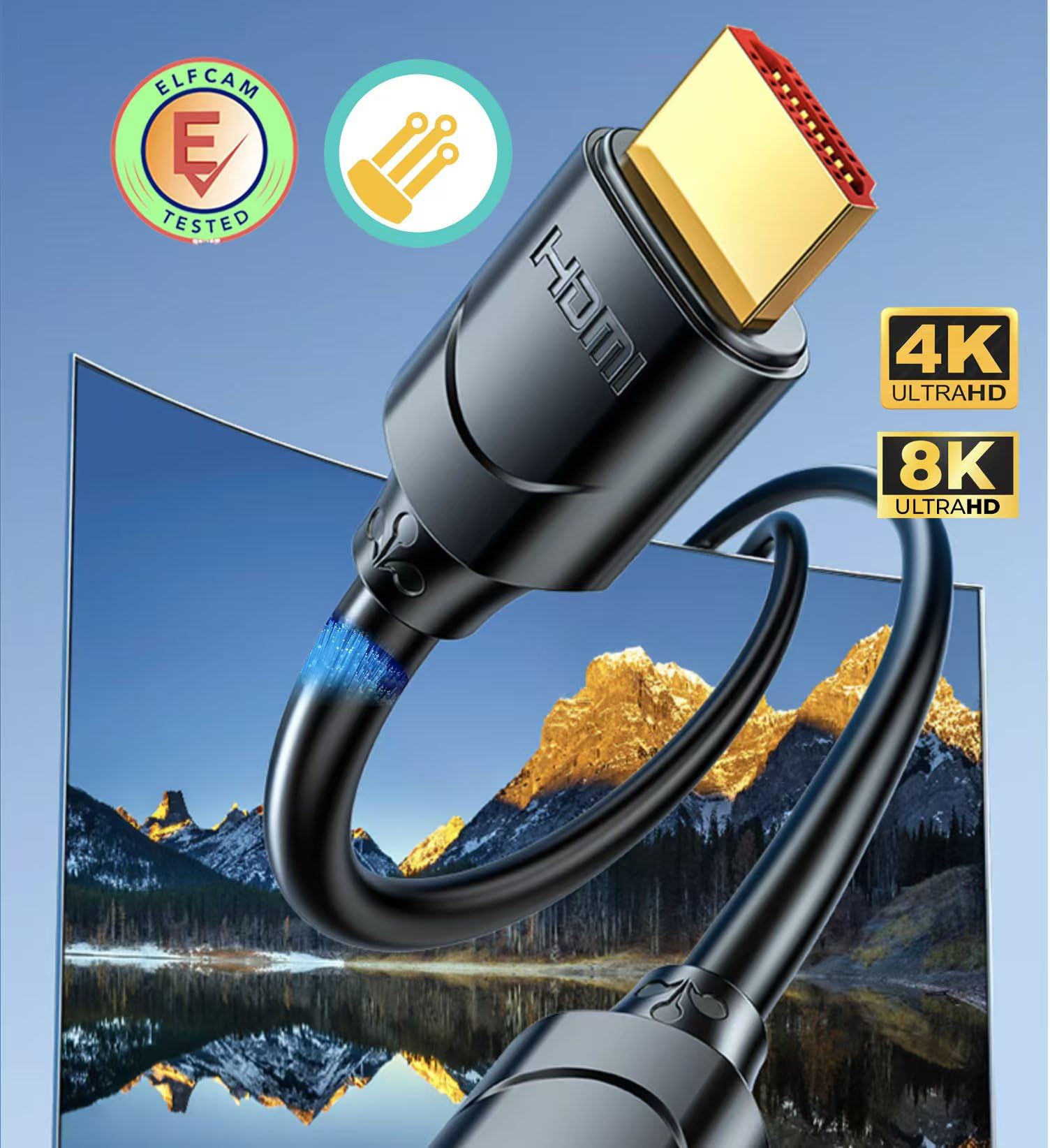 Elfcam® - 15m Cable de Alta Velocidad 8K Ultra HD HDMI2.1, Macho a Macho, Compatible con Formatos 3D y con Ethernet y Soporte 4K/120FPS 8K/60FPS Negro 15m