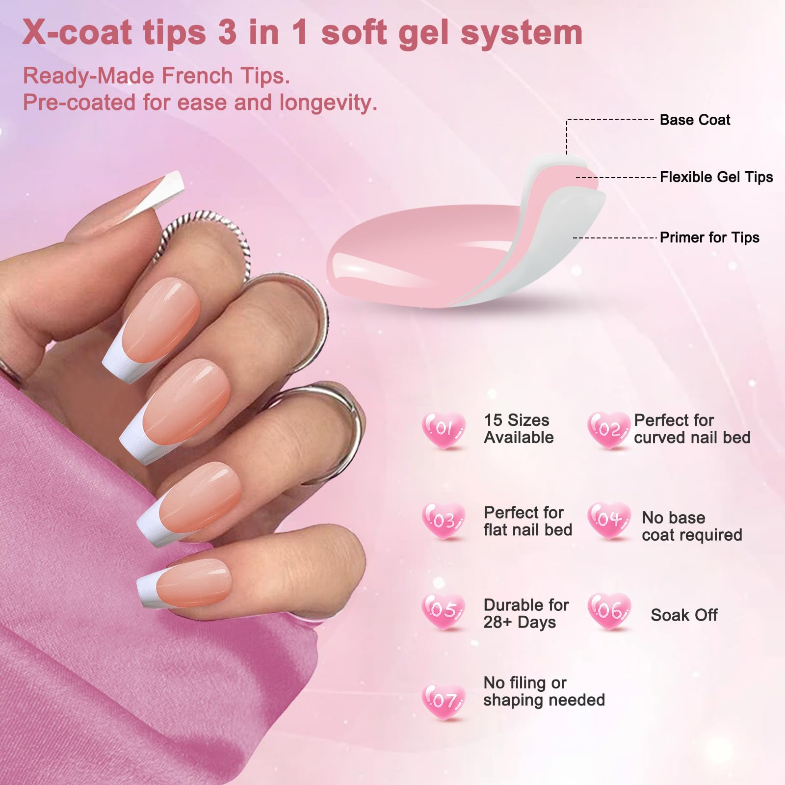 French Gel Nail Tips, 150pcs Medium Coffin Press on Soft Gel Fake Nails, 3 in 1 X-coat Pre-Applied Tip Primer & Base Coat - Image 2