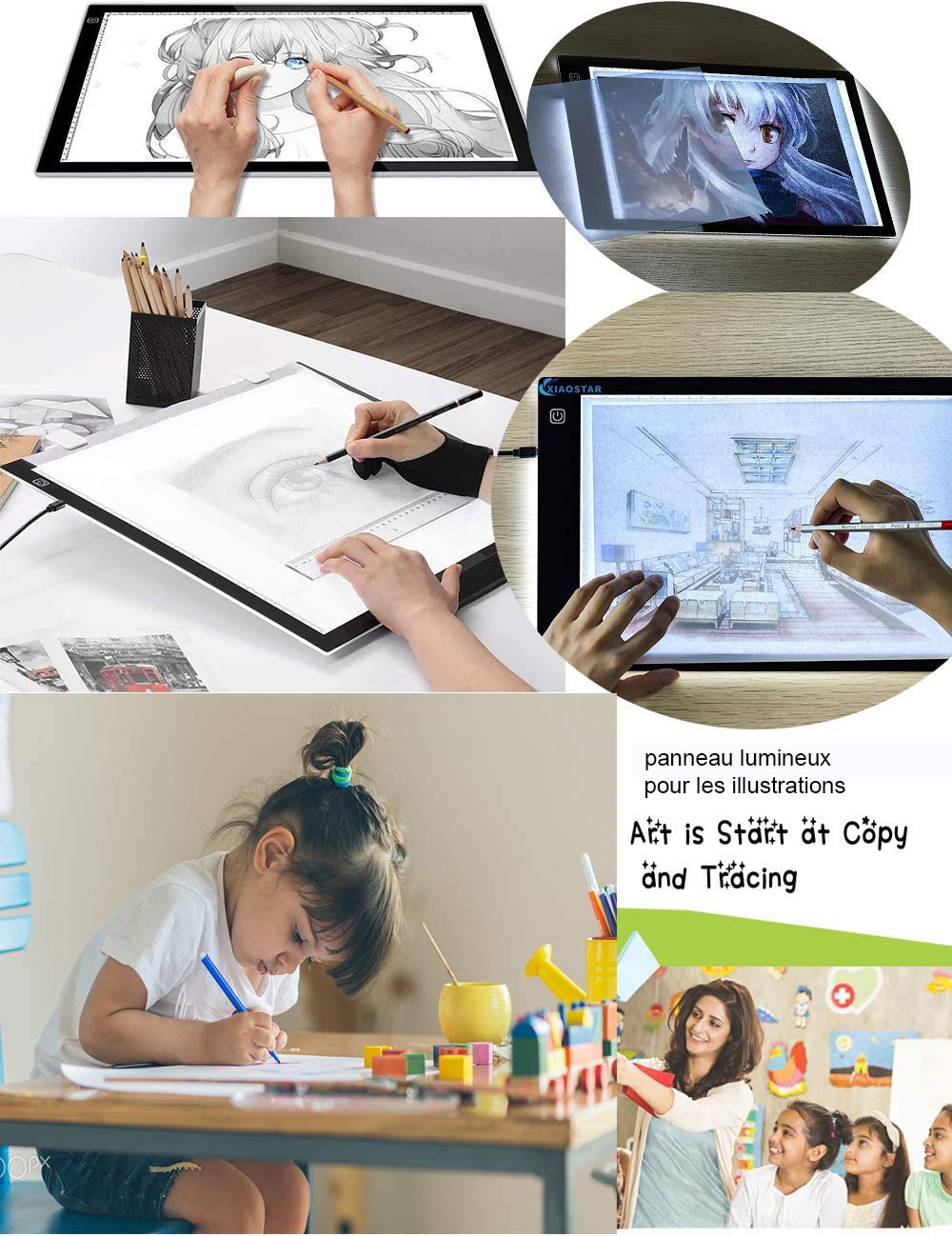 XIAOSTAR A4 Beleuchtetes Tablet Kopiertafel mit LED A4, Super Dünn, für Zeichentafel mit USB-Kabel mit Verstellbarer Helligkeit, für Künstler,Animationzeichnen,Skizzieren,Visualisierung mit X-Speichen