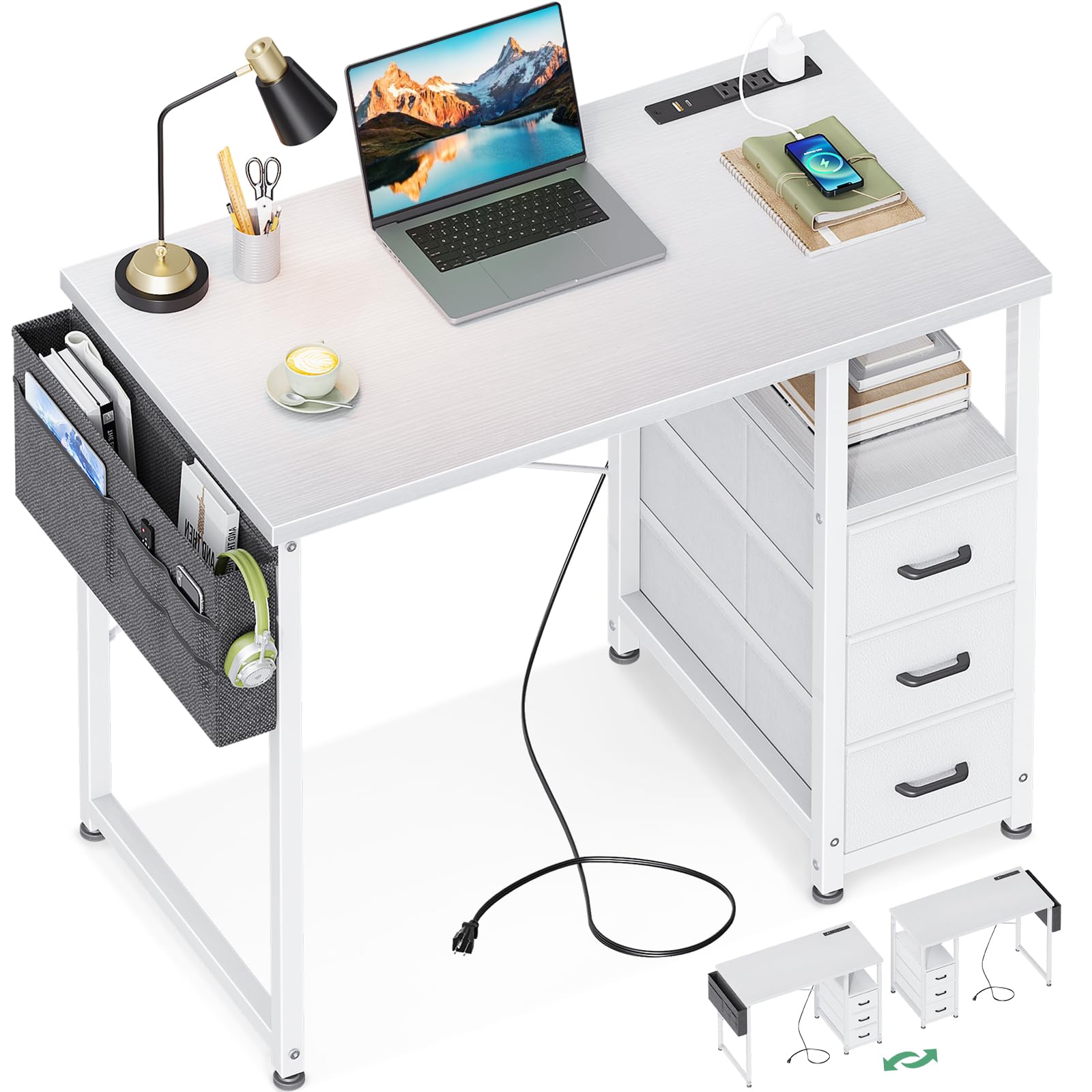 (Incomplete)AODK 32-Inch Small Vanity Desk with Fabric Drawers and Charging Station, Kids Girls Teen Study Writing Desk for Bedroom, Home Office Computer Desk with Storage Shelf & Bag for Small Space, White