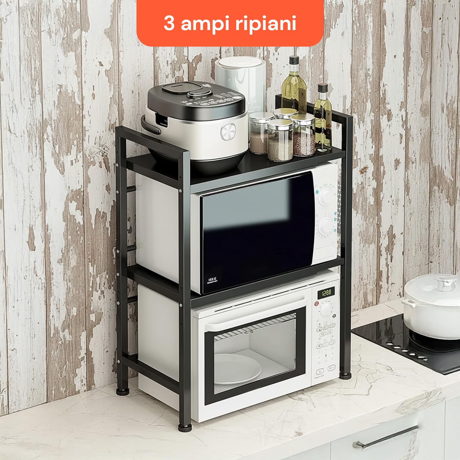 Avilia – Scaffale a 3 Ripiani, 25kg Espandibili e Regolabili, Cucina Microonde, Organizer Spezie Utensili Elettrodomestici, 6 Ganci Laterali Salvaspazio Dispensa Lavanderia Acciaio