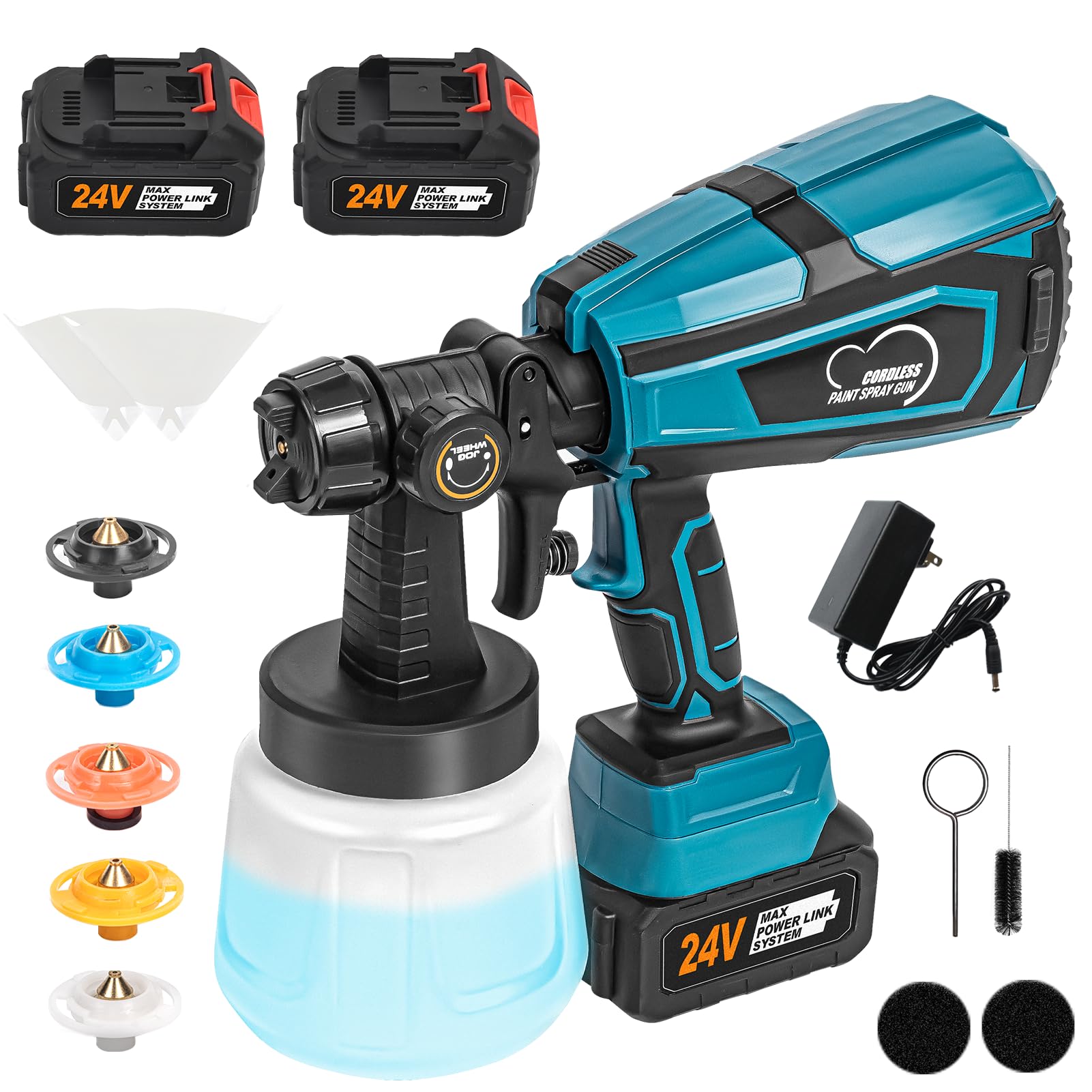 Paint Sprayer, HVLP Cordless Electric Spray Paint Gun, 2 * 2000mAh Batteries, 6 Copper Nozzles & 3 Spray Patterns, Easy to Clean, for Furniture/Cabinets/Fence/Walls/Door/Garden Chairs etc (2 Battery)