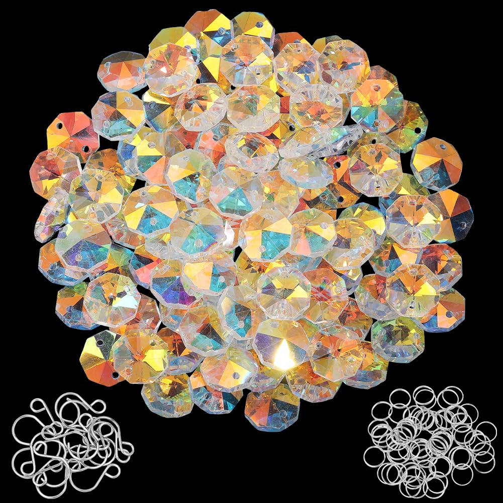 SOFPLATE 1 Box 240Pcs 14mm Octagon Crystal Beads DIY Suncatcher Kits 150Pcs AB Octagon Glass Beads with Split Rings Stainless Steel Hooks Suncatcher Supplies for Hanging Ornament Chandelier Repair