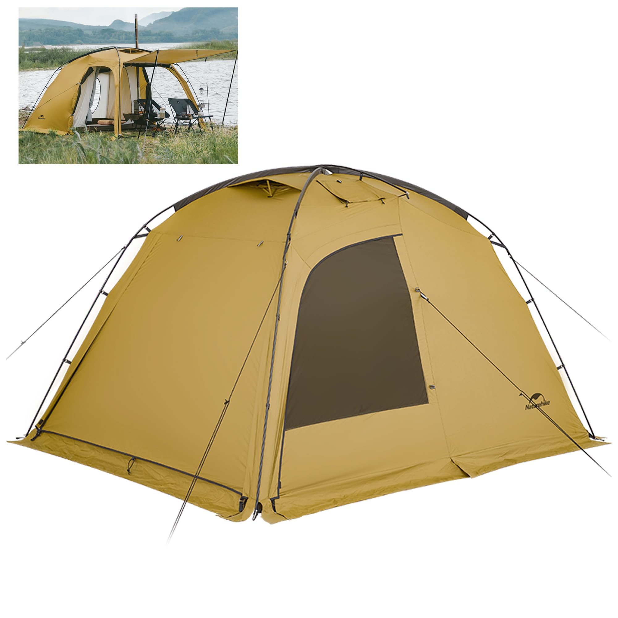 Naturehike Dune7.6/10.9 ドームテント ツールーム 1～4人用 14㎡大空間 6面通気 前室あり 煙突穴付き 自立式設営簡単 高さ180/200cm メッシュ 防蚊防虫 UVカット UPF50+ PU2000mm インナーテント取り外し可能 スノースカート 防水防風 前室 軽量 コンパクト アウトドア キャンプ 収納袋付き (テント, Dune7.6)
