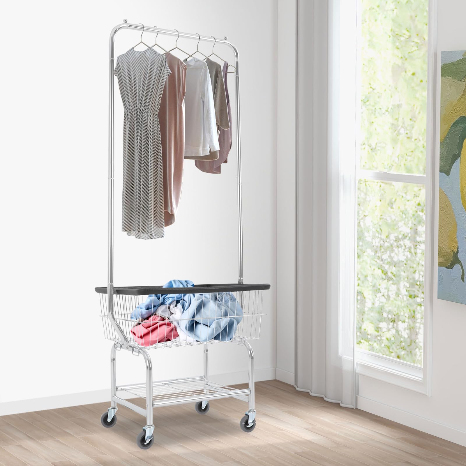 Large Capacity Clothes Cart, Heavy Duty Rolling Laundry Cart, Commercial Laundry Basket with Hanging Rod and Wire Storage Rack 19.69 * 15.75 * 70.87