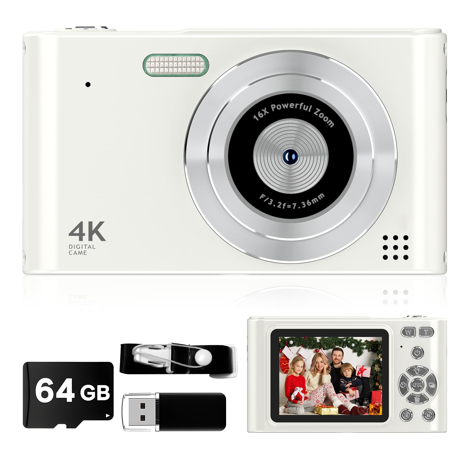 Digital Kids Camera 1080P Vlog Camera with 64GB, Lanyard, 16X Zoom Anti Shake, Card Reader 44MP Compact Portable Point Shoot Digicam for Kid Teen Girl
