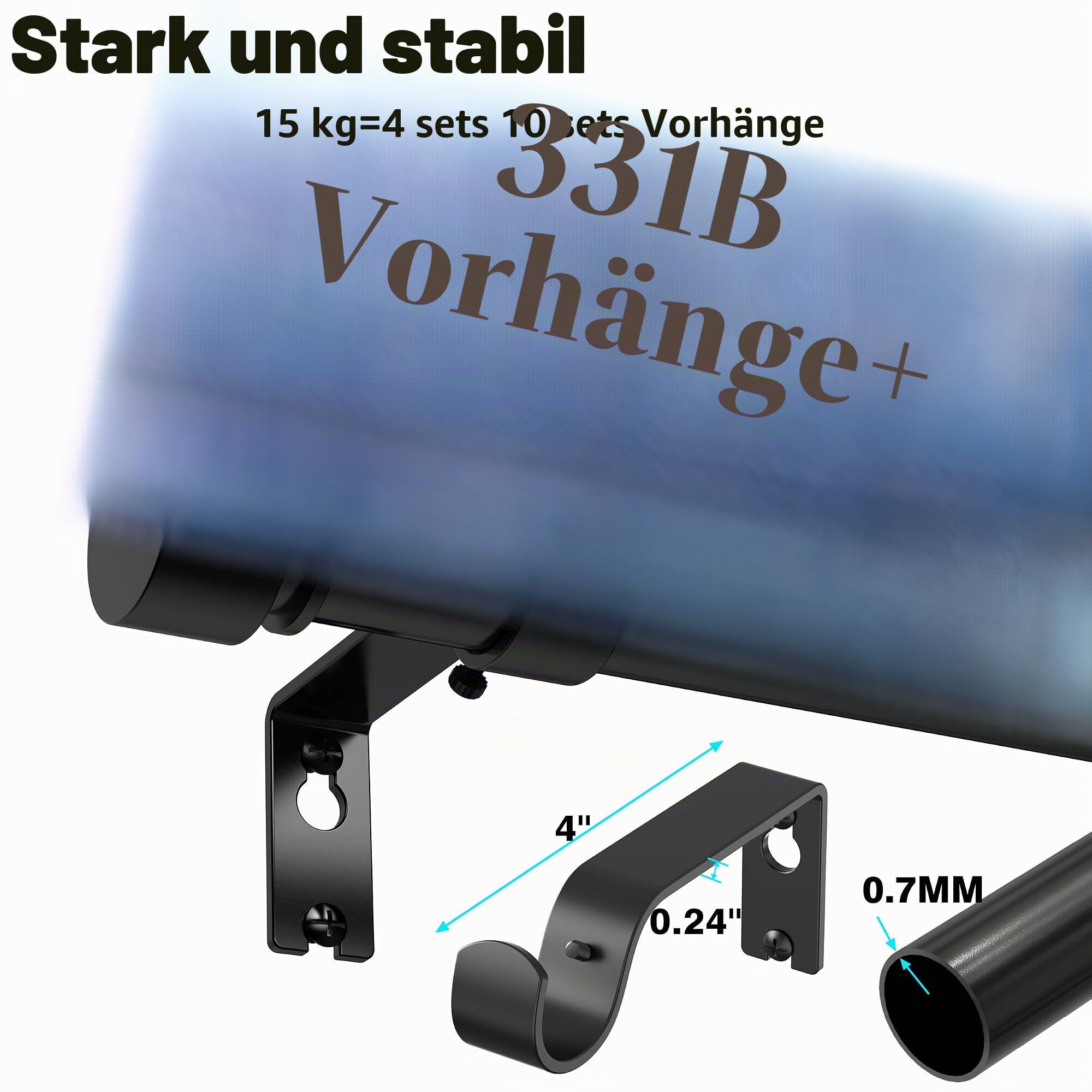 Schwarze Gardinenstange, 43,2 bis 530,9 cm, für Fenster, 508 cm, verstellbar, strapazierfähig, dick, mattschwarz, modern, extra lang, 5,3 m