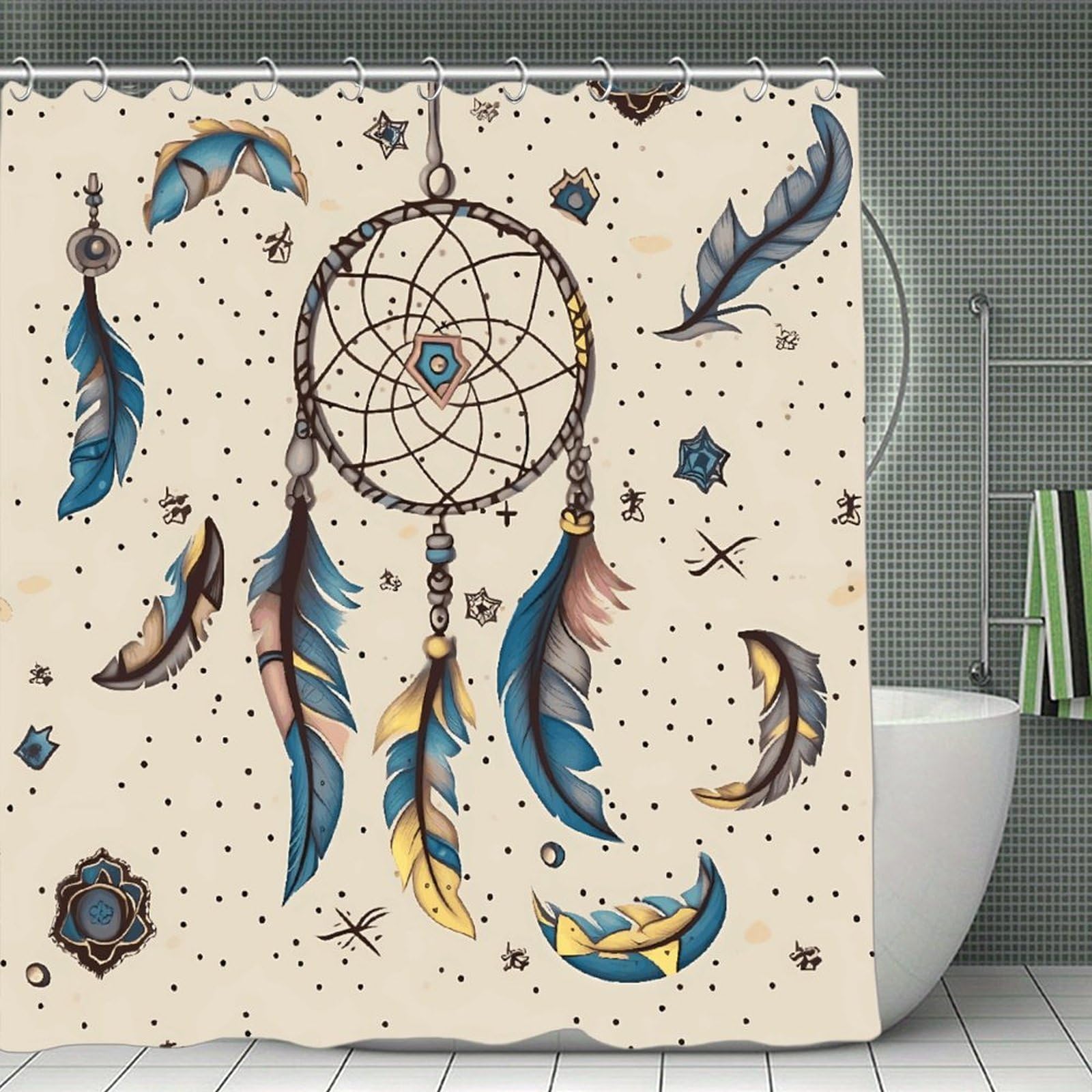 VstaDank Dream Catcher and Moon Shower Curtain Waterproof Bathroom Curtain with Hooks Luxury Weighted Bath Curtains for Bathtubs Showers Room Dividers Decorative Shower Curtains 71x71 in