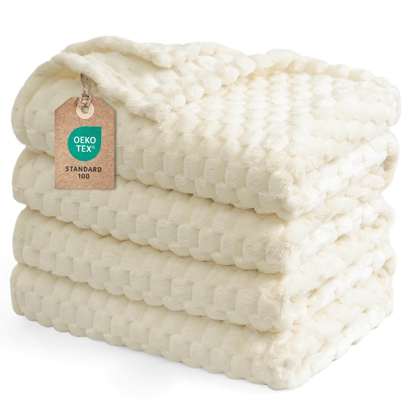 PHF Fleece Blanket Double Size 168x229cm, No Shedding No Pilling Soft Lightweight 3D Jacquard Sherpa Fleece Throw Blanket for Bed, Fluffy Cozy All Season Double Blanket, Jacquard Cream