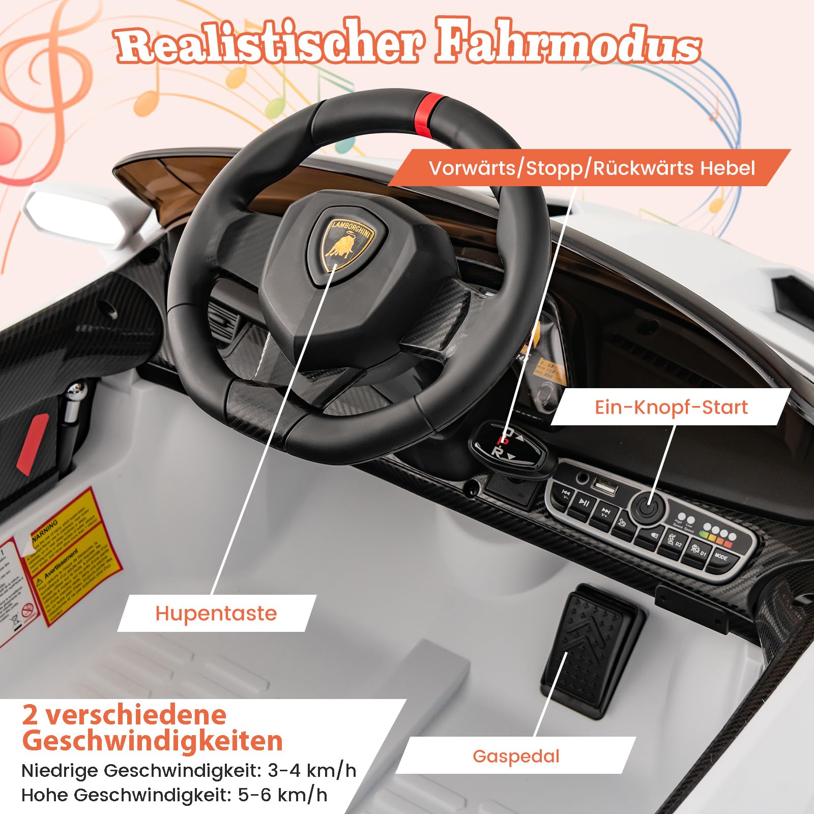Lamborghini Voiture Électrique 12V/7 Ah pour Enfants, Télécommande 2.4 G, Portes Hydrauliques, LED, klaxon, MP3, USB 3-8 Ans Rouge - Jeux - Jouets
