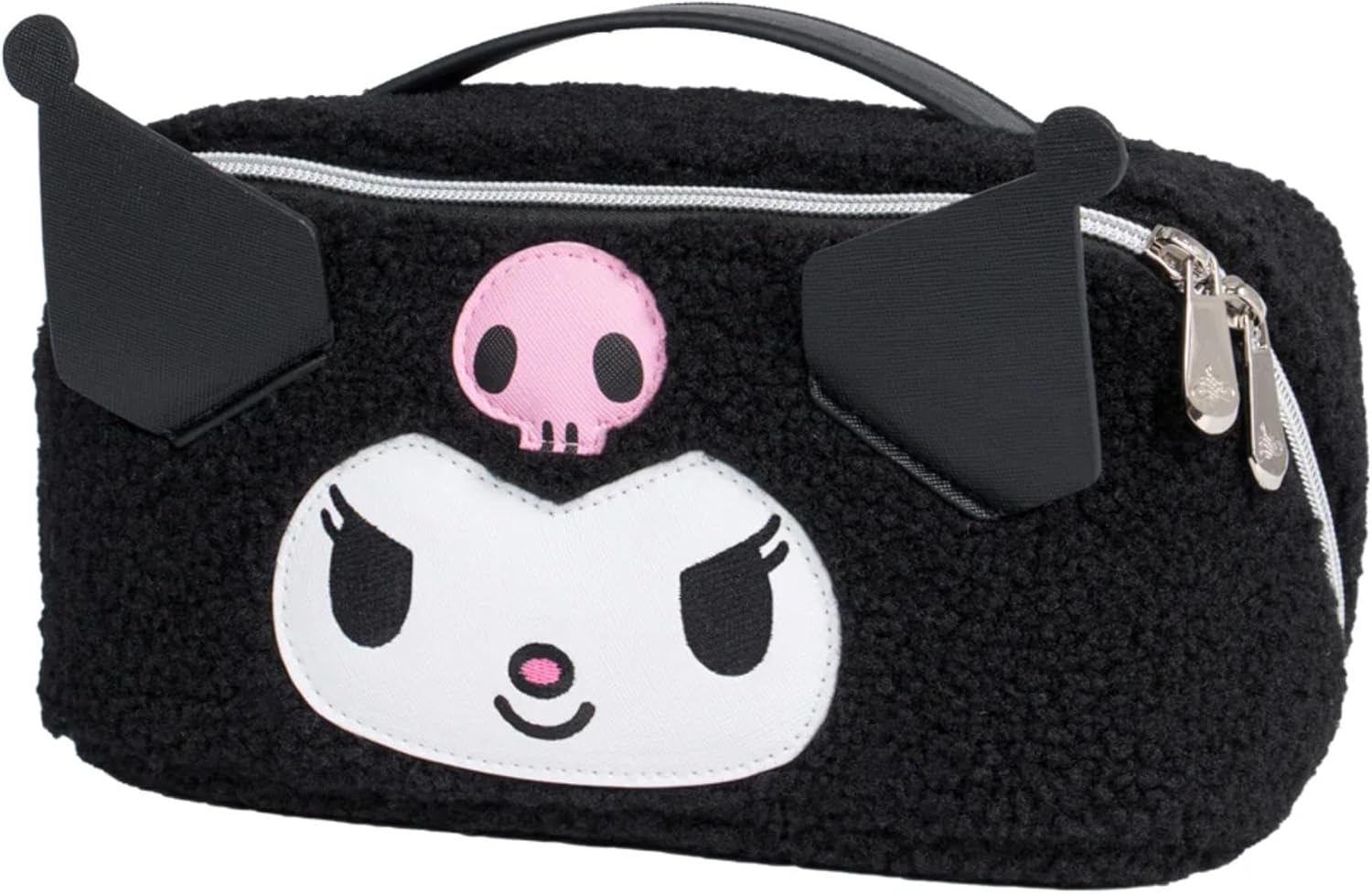 Impressions Vanity Kuromi Unfold Travel Makeup Bag Organizer, Opens Flat Zippered Cosmetic Bag with Cozy Sherpa Fabric Texture, Dual Compartments, Inner Pockets, and Top Carrying Handle