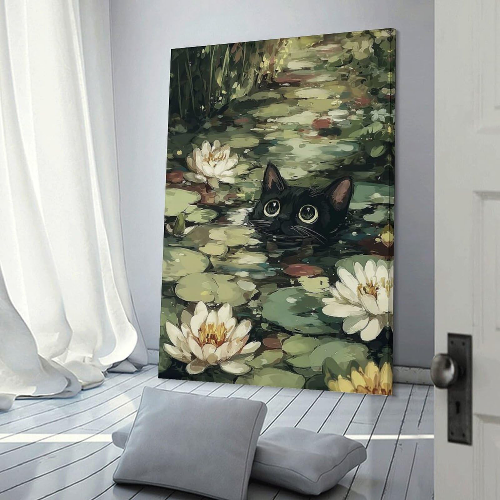 Junmoney Wall Decor Canvas Print Black Cat in A Lily Pond, 16x24inch(40x60cm), for Bedroom Walls, Guest Spaces Or Lounges, An Easy Wall Refresh for Bedrooms