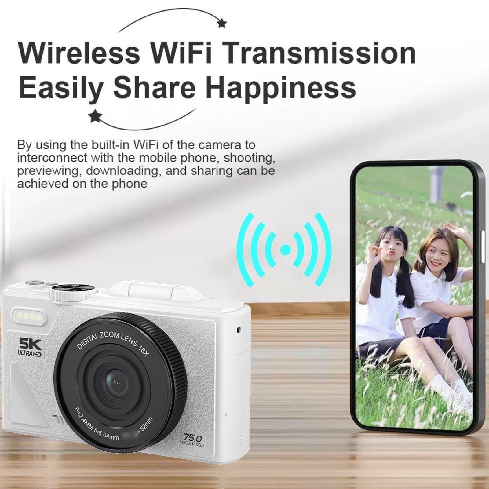 Annadue Appareil Photo Numérique 5K pour la Photographie, 75 MP, Zoom 18X, étanche, WiFi, avec écran Rabattable à 180 Degrés de 3 Pouces, pour Débutants, Adolescents et (White)
