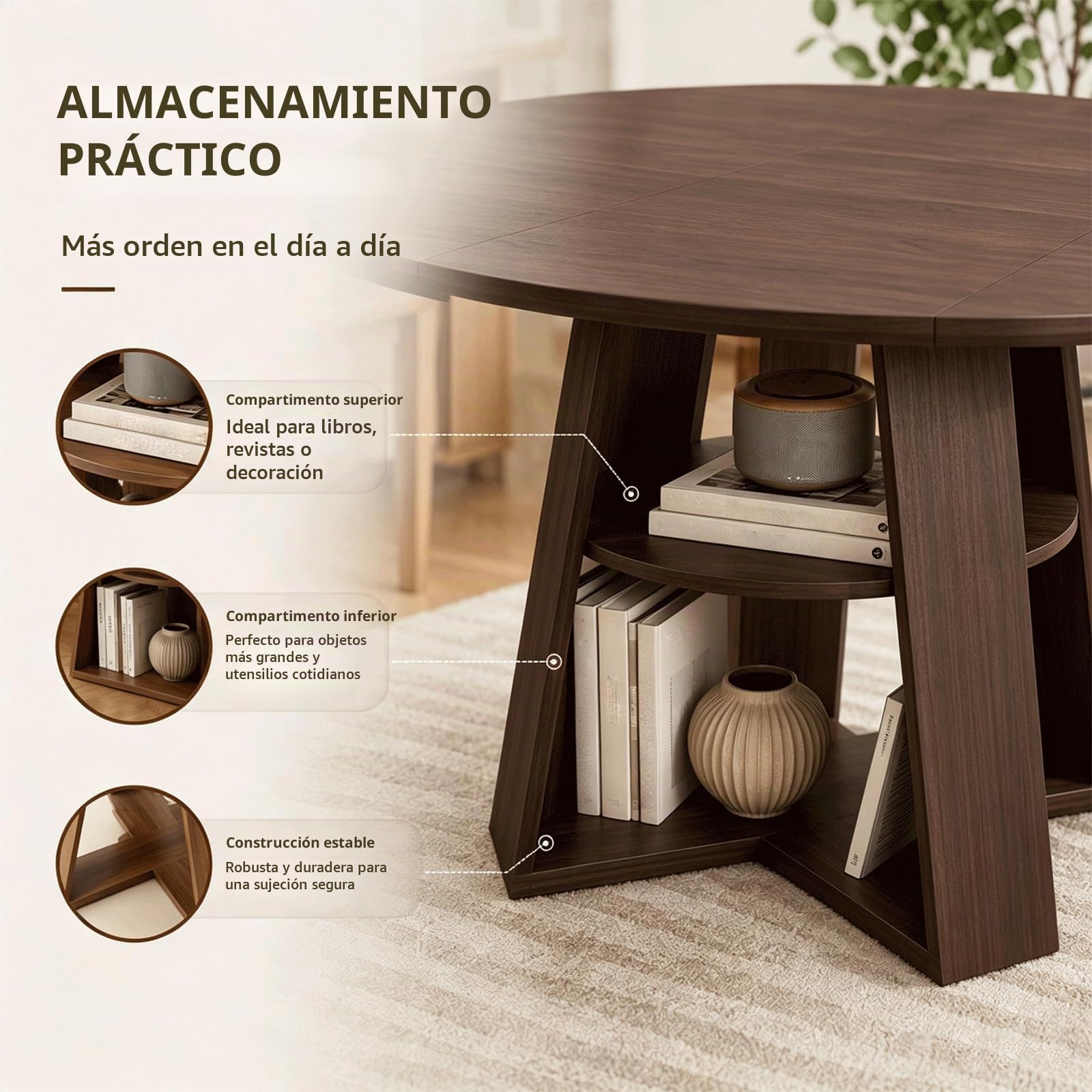 Mesa de comedor extensible 100/140 x 100 x 75 cm, mesa de comedor ovalada, ahorra espacio, mesa de cocina con espacio de almacenamiento, mesa de comedor de madera, mesa de jardín extensible