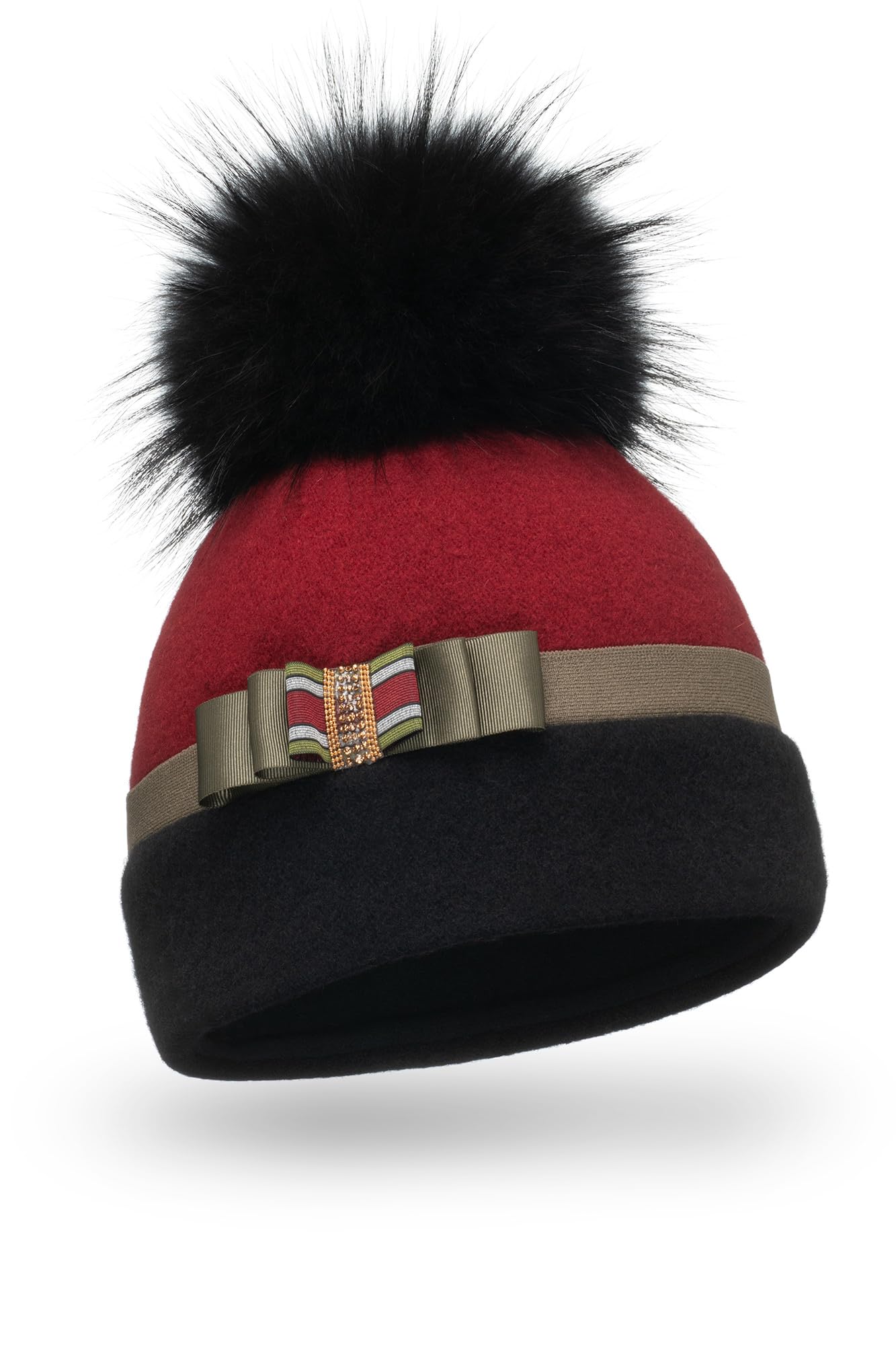 Vivisence Gorro De Las Mujeres Otoño Invierno De Lana Virgen Hecho A Mano con Pompón Extraíble Lazo Decorado con Circonitas Doradas Forro Polar Cálido Y Detalles Bordados A Mano Enviados En Caja 7082