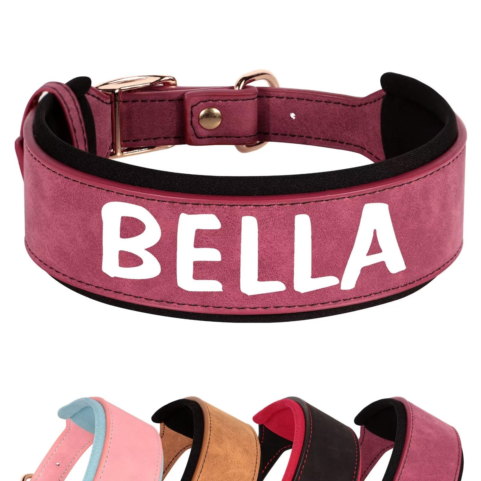 Didog Collares de perro personalizados acolchados suaves, collar de perro transpirable con nombre grande, collar de cuero ancho con hebilla de metal resistente para perros medianos y grandes, rojo, M