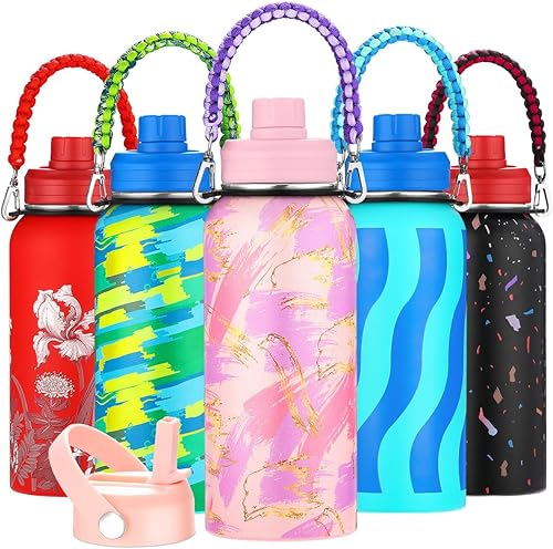 WEREWOLVES Botella de agua aislada personalizada con tapa de popote con mango de paracaídas y tapa de boquilla, botella de agua de boca ancha de