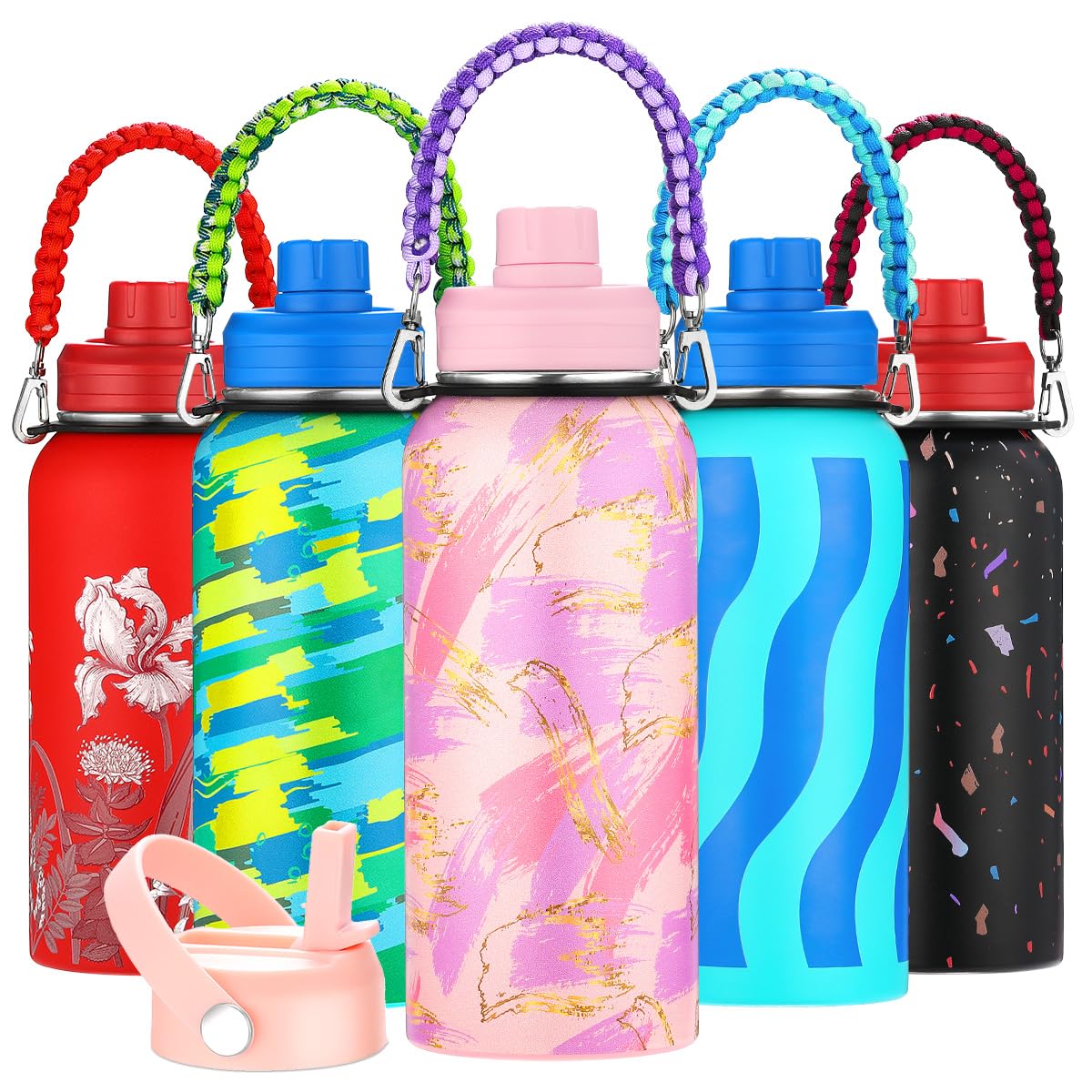 WEREWOLVES Insulated Water Bottle With Handles Strap Two Lid,Reusable Wide Mouth Vacuum Stainless Steel Water Bottle for Adults 24 oz, 32 oz, 40 oz