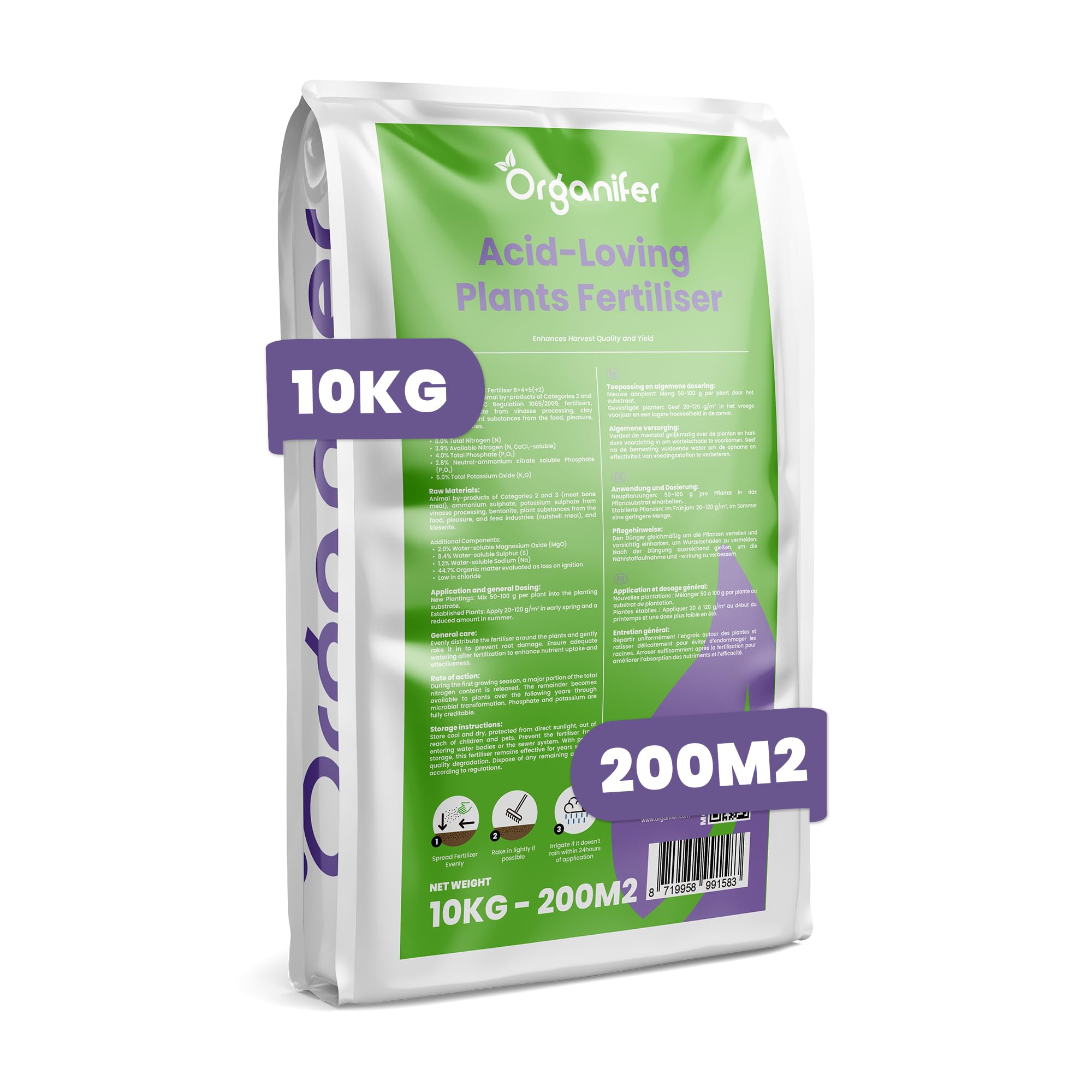 Engrais Pour Rhododendrons, Hortensias, Azalées Et Plantes Acidophiles - 10 Kg Pour 200 M2 - Pour Des Racines Saines, Des Couleurs Intenses Et Une Floraison Abondante - Organifer