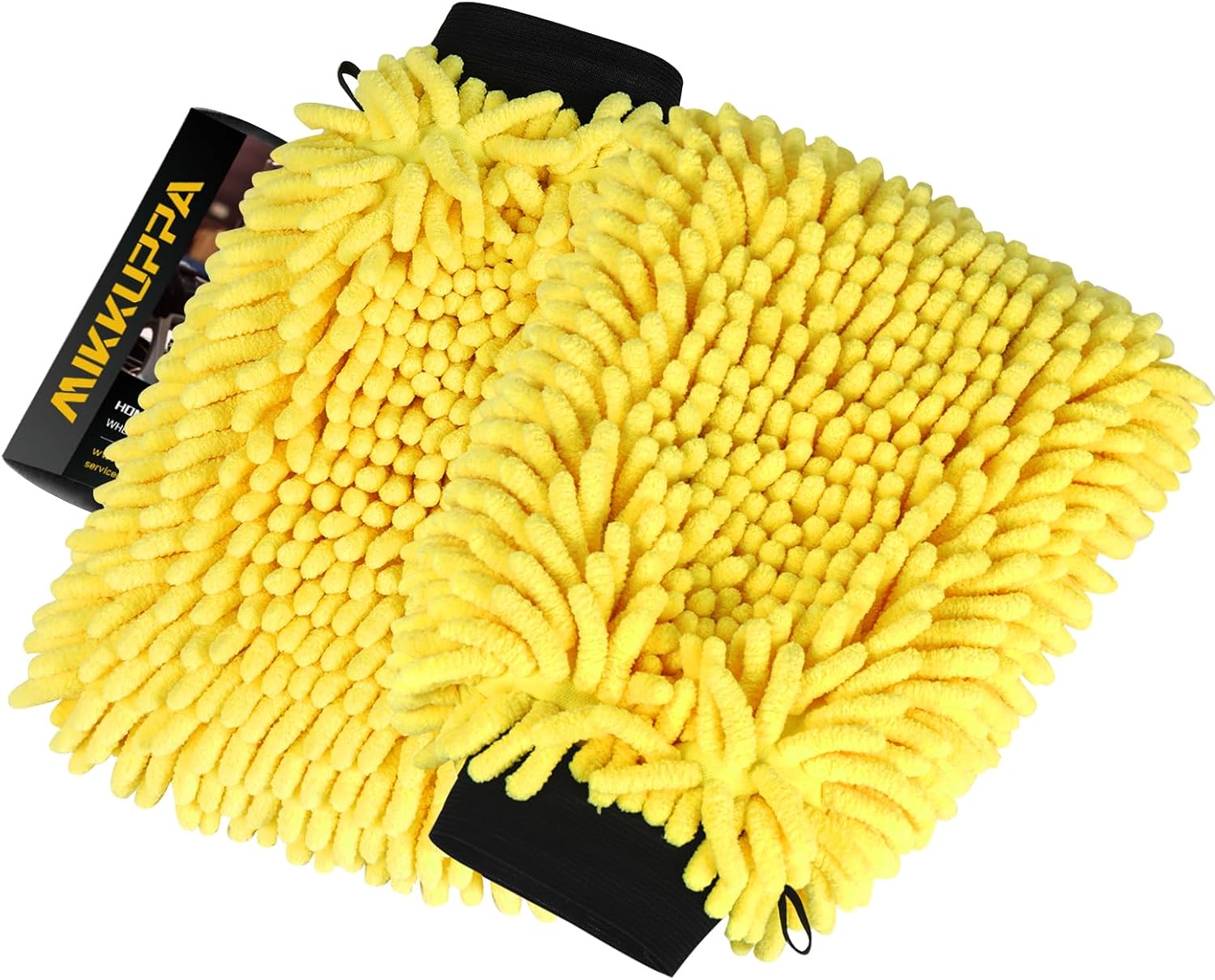 MIKKUPPA Car Wash Mitt Microfiber - Double-Sided Chenille Scratch Free Mitt with Waterproof Inner for Car Washing Home Cleaning (Yellow & Gray, 2Pack, 10'' x 7'')