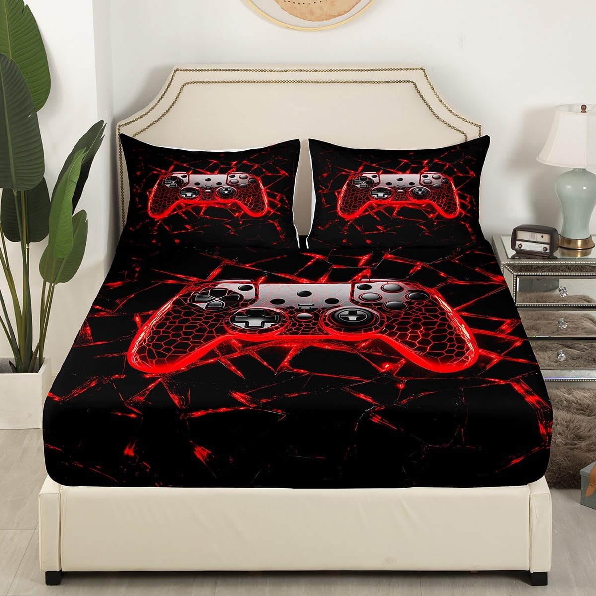 Gaming Gamers Kids Fitted Sheet Queen Size,Video Games Honeycomb Gamepad Neon Bedding Set,Boys Men Room Decor,Geometric Patchwork Abstract Red Black Bed Sheet,2 Pillowcases(No Flat) image 2