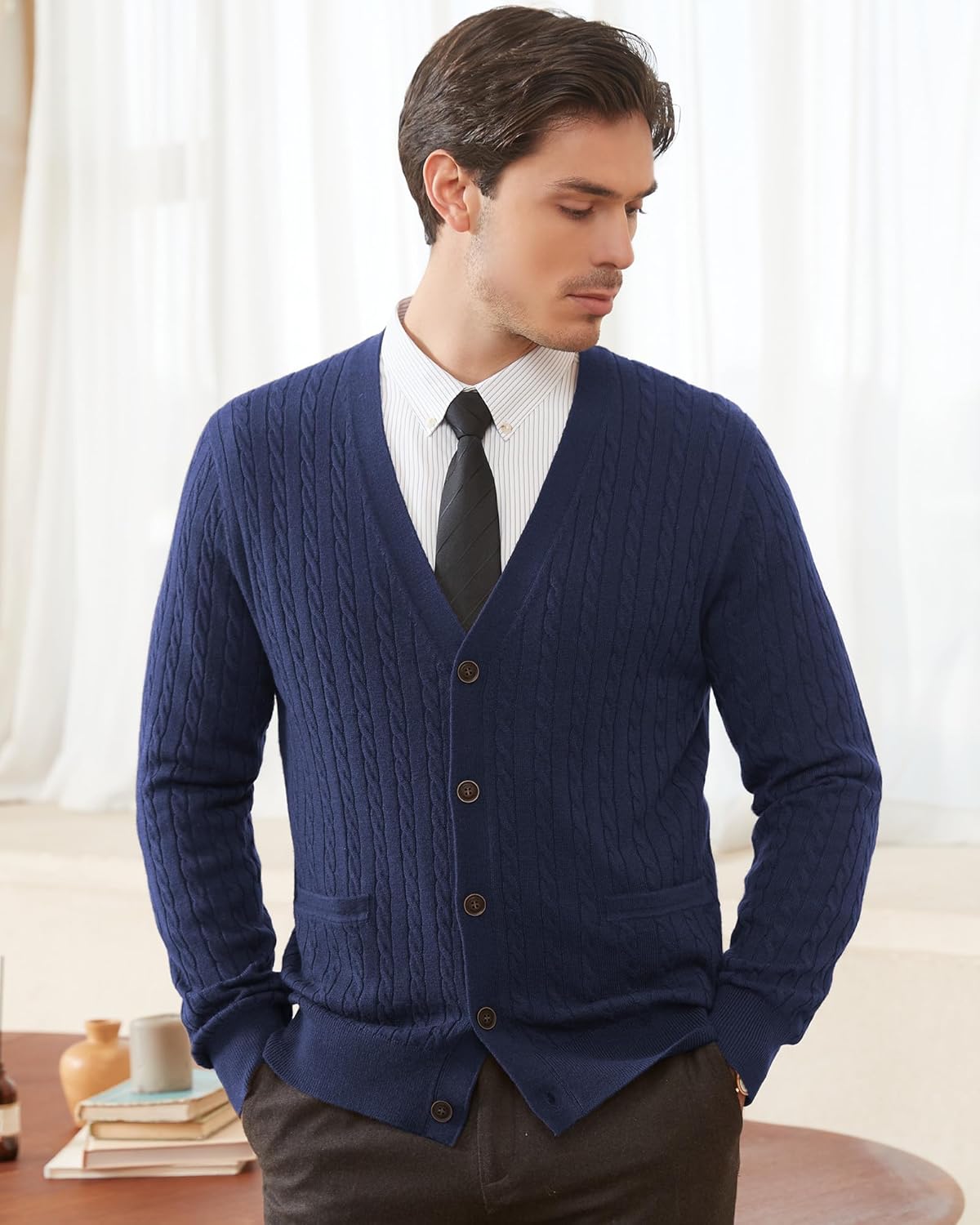 Kallspin Men's Cardigan Sweater Wool Blend Cable Knit V Neck Buttons Cardigan with Pockets - Image 2