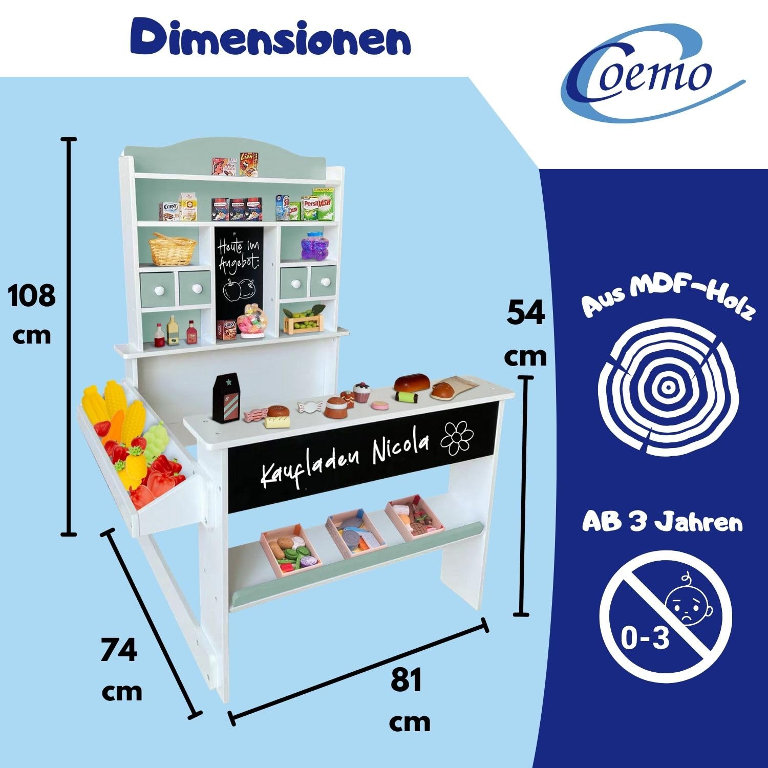 Nicola Magasin de Marchand en Bois pour Enfants - Comptoir de Vente, Tableau, comptoir latéral et tiroir - Vert