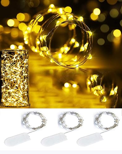 Pack de 3 luces de hadas operadas por batería, 2 m, 20 LED, luces de alambre plateado tipo luciérnaga, estrellas brillantes, para dormitorio,