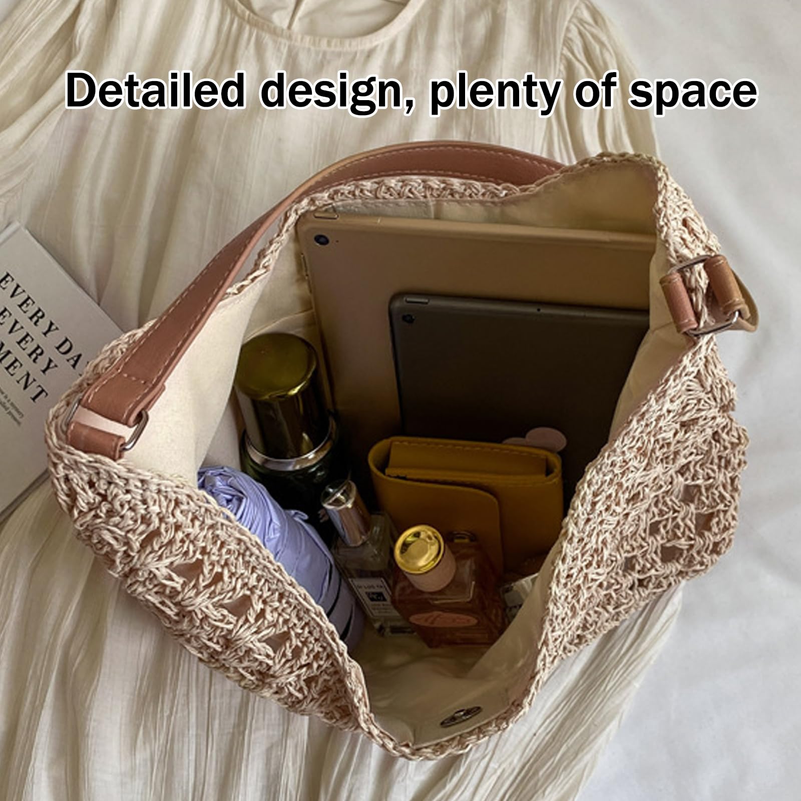 Bolsos de Paja Mujer Verano, Elegante Bolso de Mano Bohemio, Práctico Bolso de Hombro Rafia para Mujer, Bolsos Tejidos Crochet, Tote Bag Para Viaje Fiesta Vacaciones (Beige)