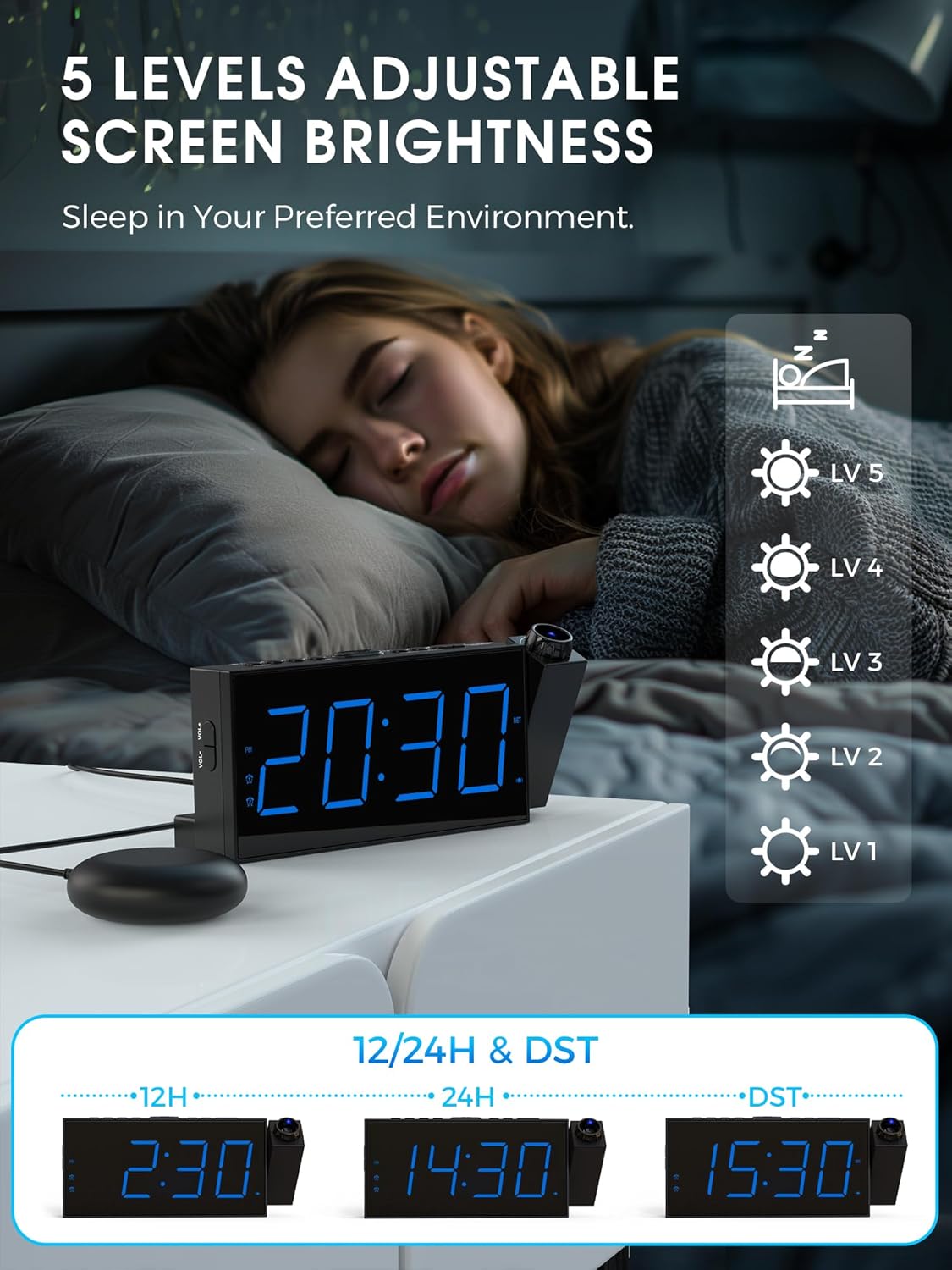 Sleeping person with alarm clock showing 5 levels of screen brightness