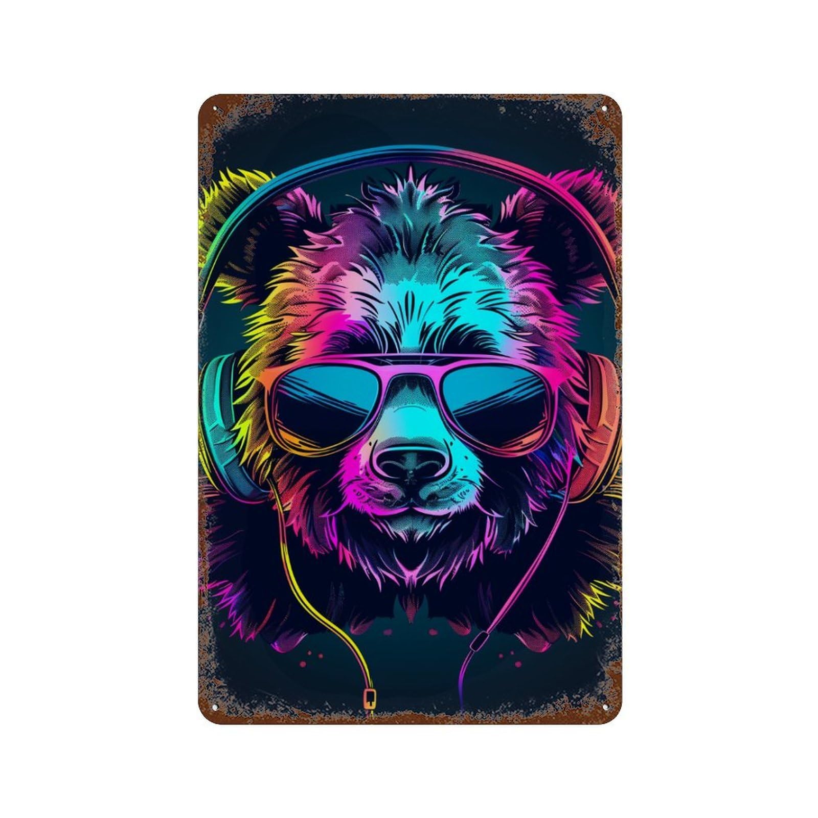 Neon Dog Headphones Art Print -3 Rust Effect Tin Sign 11.8"x7.9", Rustic Home Decor for Cafe, Home Bar And Lounge Decor