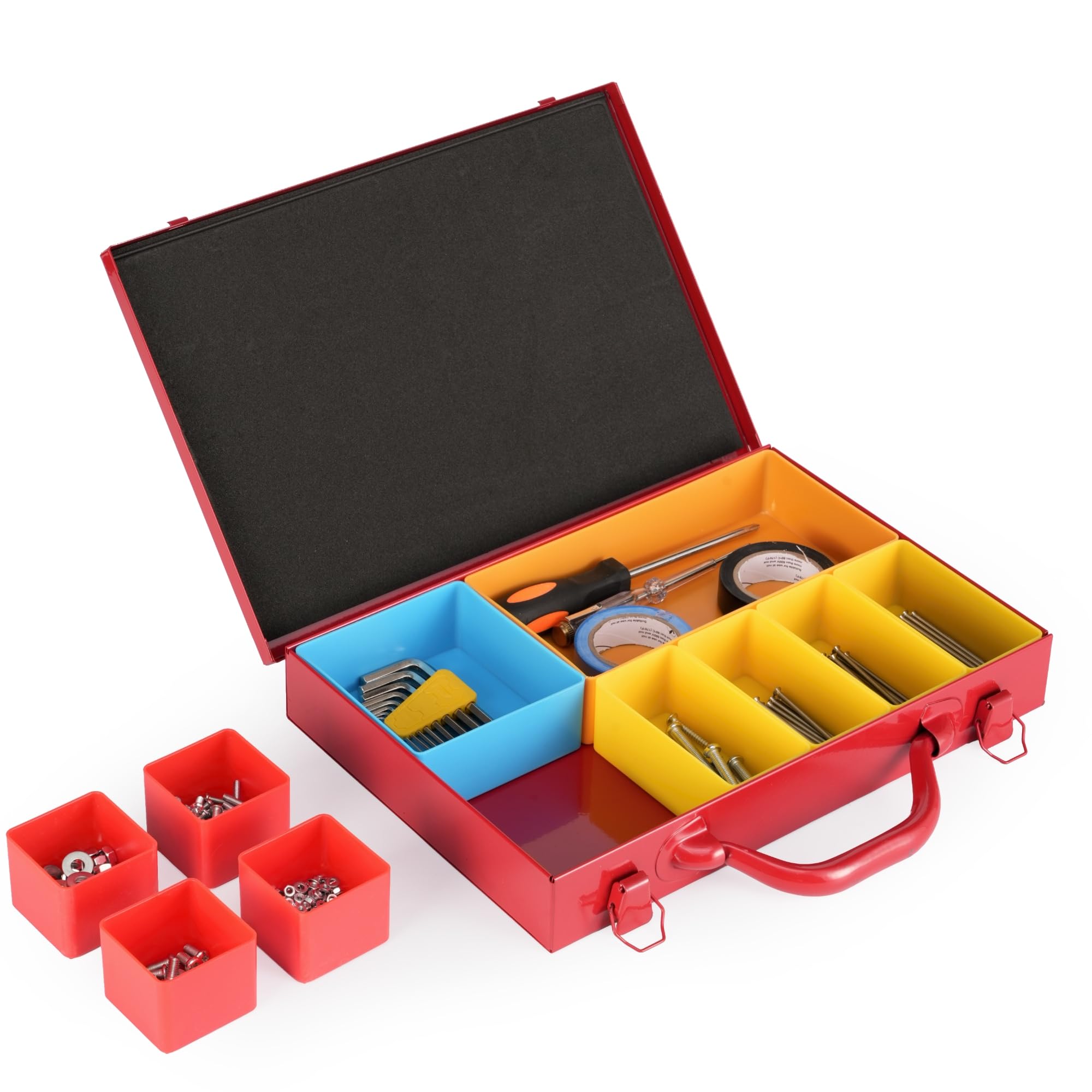 Metal Tool Box Portable Small Parts Organizer with 10 Removable Color-coded Compartments - Heavy Duty Red Hardware Organizer for Screws, Nails and