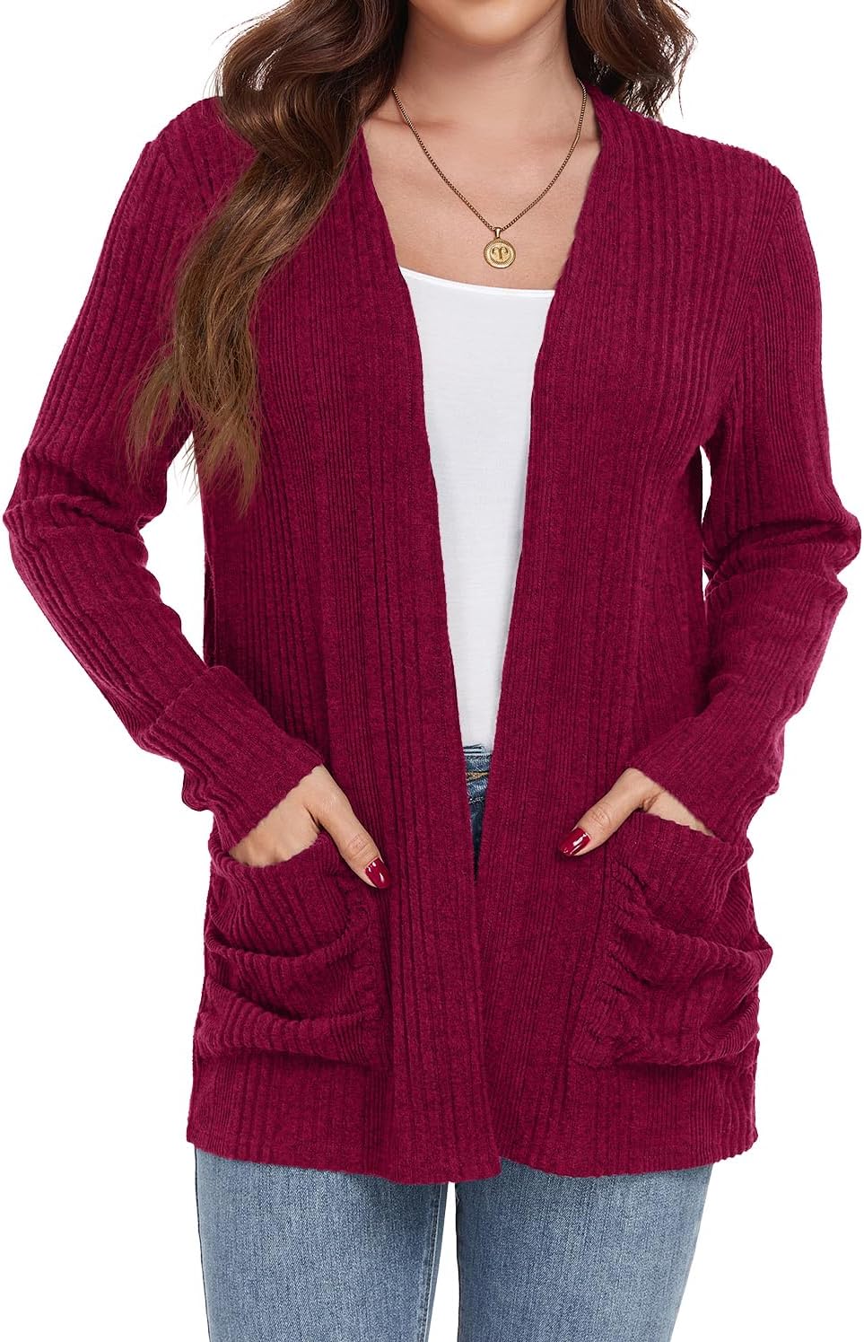 GRECERELLE Womens 2024 Long Sleeve Lightweight Open Front Casual Cardigan Sweaters Outerwear with Pockets