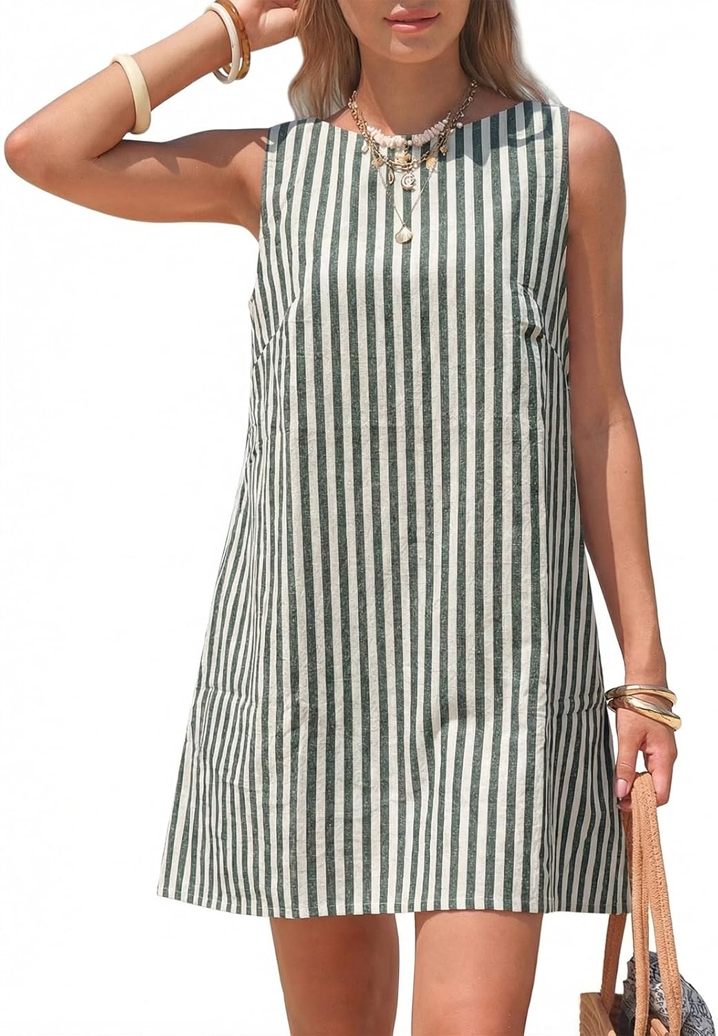 EXLURA Women Summer 100% Cotton Faux Linen Dresses Sleeveless Striped A-Line Mini Sundress Beach Vacation Dress with Pockets