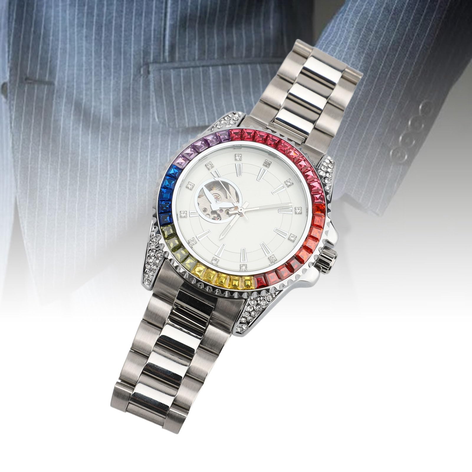 Luqeeg Automatyczny Zegarek Mechaniczny z kolorową wodą z Kryształów Automatyczny Mechaniczny Zegarek Chronografowy z opaską ze Stali Nierdzewnej do Swobodnych Podróży